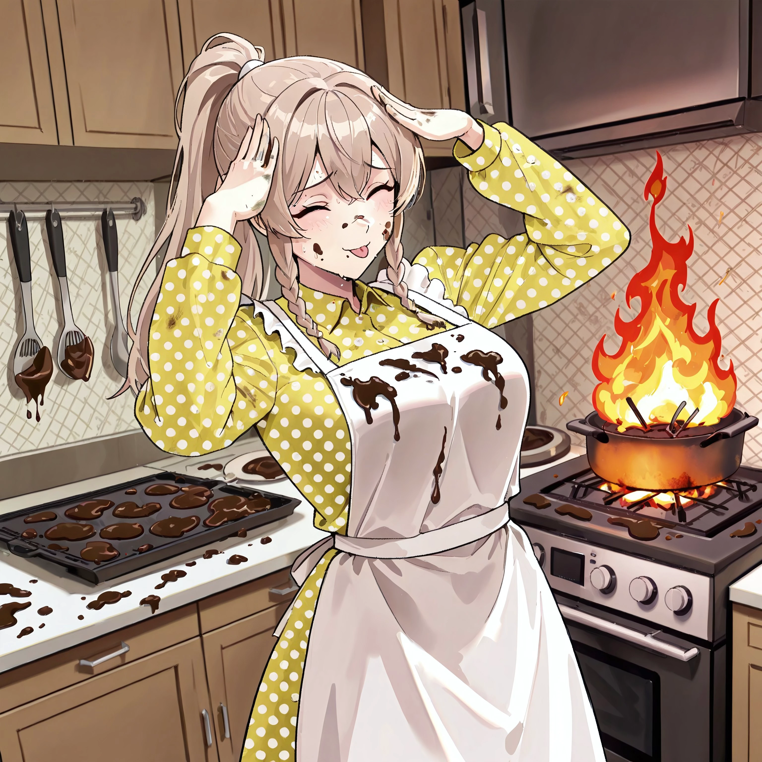 safe_pos, (masterpiece), (absurdres), (1girl), (solo), BEST, long hair, ponytail, light brown hair, high ponytail, braided sidelocks, medium breasts, dress, yellow dress, polka dot pattern dress, apron, white apron, food on clothes, food on face, chocolate on clothes, chocolate on face, dirty, ah eto... bleh (meme), hands on own head, closed eyes, tongue out, :p, furrowed brow, smile, light blush, flying sweat drop, kitchen, oven, fire, oven on fire, smoke, messy room, fail, failure, indoors, cowboy shot