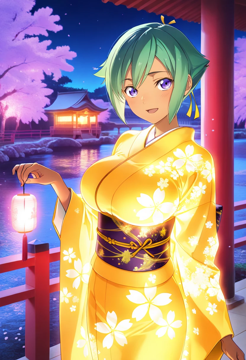 masterpiece, best quality, 1girl, solo, <lora:ill_zessica:1>, evol_zessica, cowboy shot, yellow kimono, furisode, glowing kimono, glittering, <lora:glowing-kimono-il-01:0.8>, large breasts, dark-skinned female, green hair, short hair, hair ribbon, purple eyes, looking at viewer, smile, open mouth, Japanese temple, cherry blossom, river, night