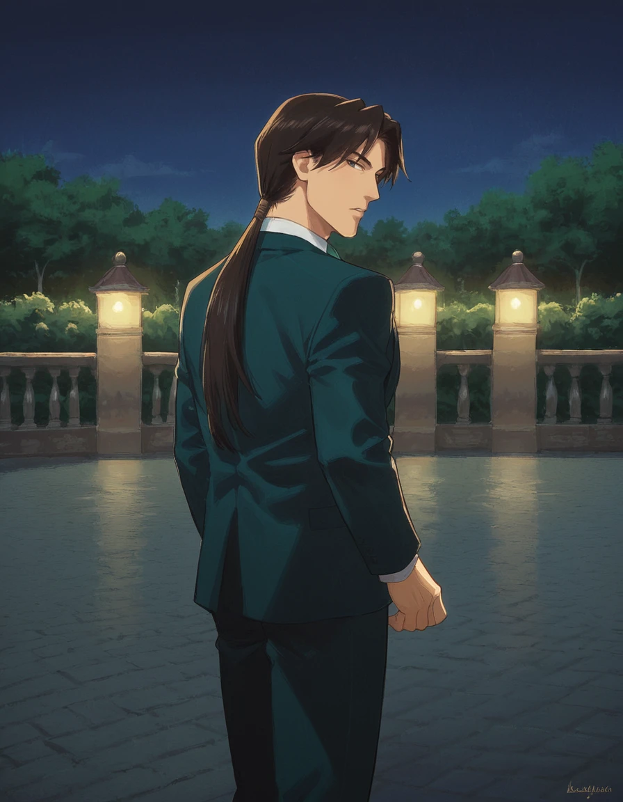 score_9, score_8_up, score_7_up, zPDXL, masterpiece, anime, <lora:sn0wStyle:1> <lora:HKHorrorXL:1> solo, 1boy, necktie, male focus, formal, green necktie, suit,  outdoors, black hair, long sleeves, shirt, ponytail, long hair, keiya tenpouin <lora:Keiya_Tenpouin_Evil_Zone:0.9> night, port, looking back