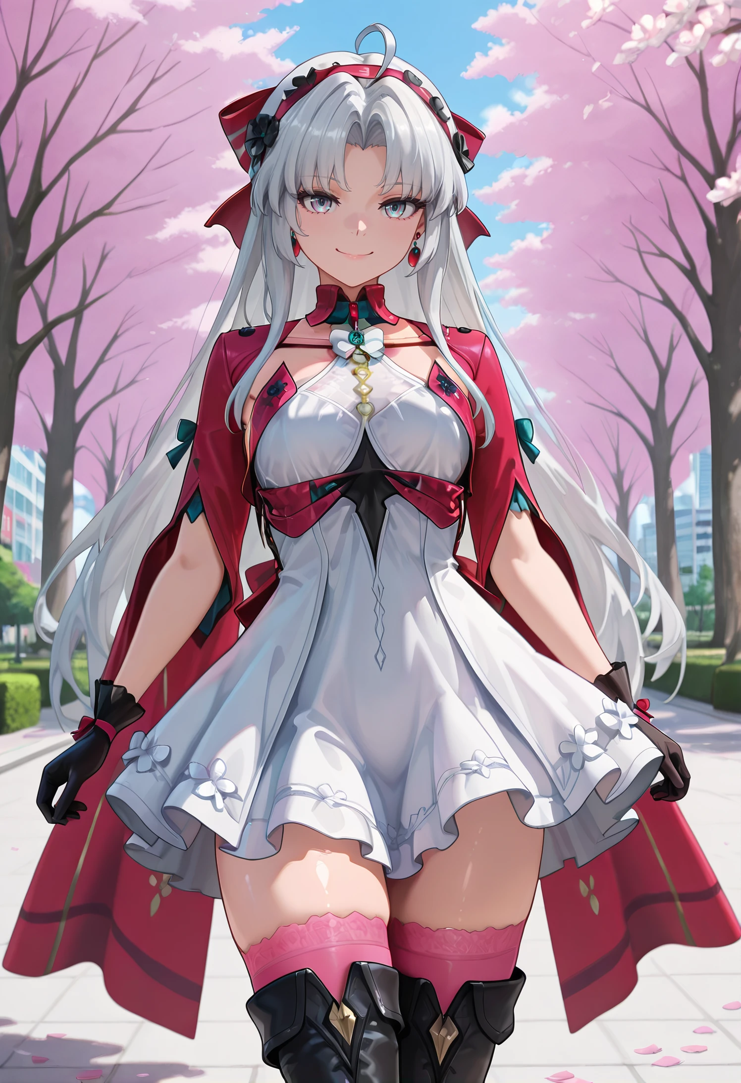 masterpiece,best quality,absurdres, amazing quality, shiny skin, 
tokyo \(city\), park, cherry blossoms, falling petals, cowboy shot, smile, looking at viewer, standing, 
 <lora:CarlottaILVP-08:1> carlottailvp, 1girl, long hair, dress, parted bangs, grey hair, gloves, black gloves, ahoge, white hair, white dress, jewelry, bow, earrings, blue eyes, hair bow, thighhighs, medium breasts,  (black flowers hairband),  very long hair, (red hairband), grey eyes, multicolored eyes, thigh boots, pink thighhighs, thighhighs under boots, high heel boots