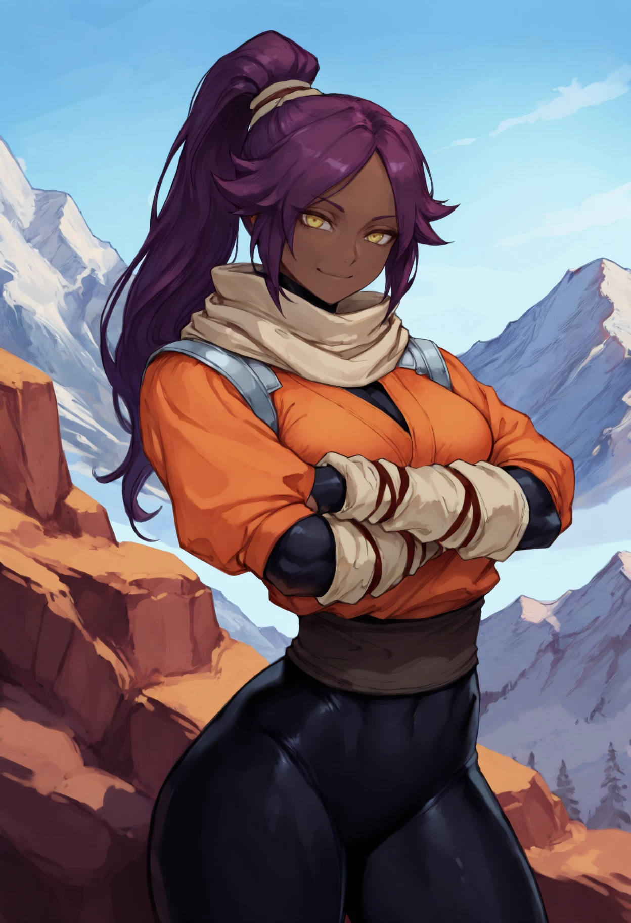 masterpiece, best quality,1girl, toned,
1girl, dark skin, dark-skinned female, purple hair, yellow eyes, crossed arms, long hair, arm warmers, smile, scarf, day, sky, parted bangs, high ponytail, black bodysuit, orange shirt, skin tight, bodysuit under clothes, blue sky, mountain, 
<lora:Shnyrch_idxl_EliPot:1>