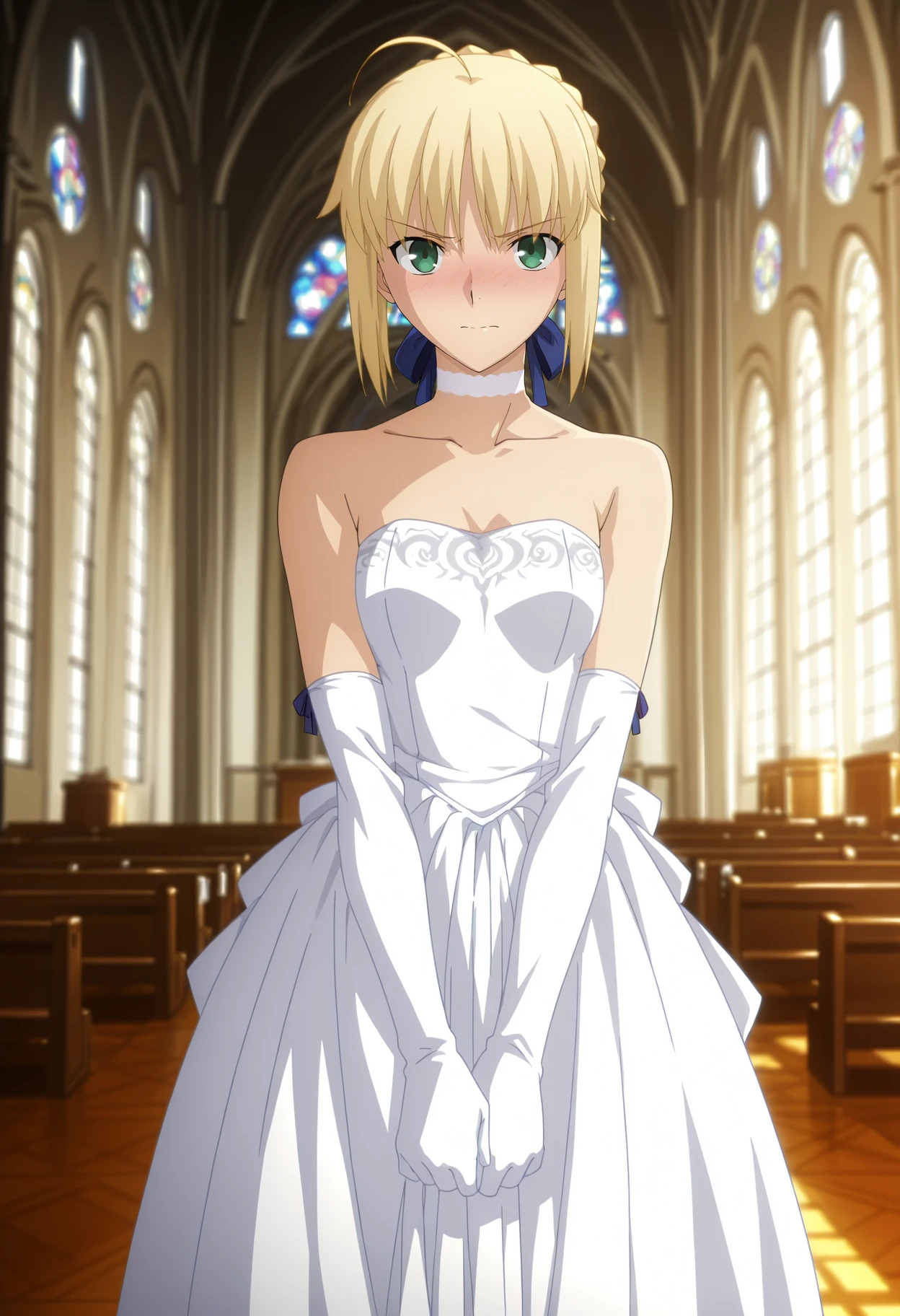 anime screencap, masterpiece, best quality,
<lora:FateStayNightUBW_Saber_IlluXL:0.9>,
1girl, solo, closed mouth, nose blush,
blonde hair, green eyes, short hair, french braid, ahoge, hair ribbon, blue ribbon,
SaberWedding, wedding dress, white dress, strapless, choker, elbow gloves,
standing, looking at viewer, cowboy shot,
indoors, church, blurry background