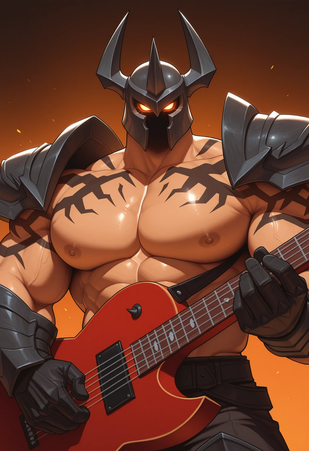 dark orange background, looking at viewer, solo, pentamorde, helmet, glowing eyes, tattoo, red guitar, shoulder armor, masculine, male focus, muscular, big pecs, nipples, broad shoulders, (thick thighs:0.7), perfect anatomy, masterpiece, high quality, best quality, highres, aesthetic <lora:NOOB_vp1_detailer_by_volnovik_v1:1> <lora:MordekaiserPentakill_LoL_V1_ILXL:1>