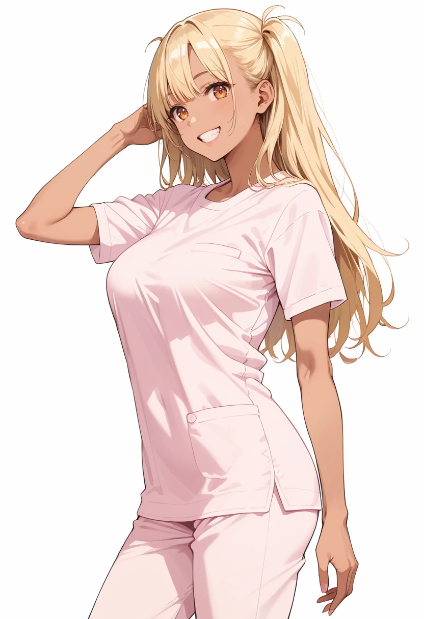 score_9, score_8_up, score_7_up,source_anime, masterpiece, best quality, perfect anatomy, very aesthetic, ((outlined outlined vector graphics)), cute face, (glow eyes:0.8), side view , looking at viewer, cowboy shot,
1girl,
18yo, (large breast:1.2), orange eyes, (blonde hair:1.3),long hair, (two side up:1.1), (dark skin:1.6), dark skin girl, (tall:1.2), (abs:0.7),bangs
,
pink clothes, (focus female), smile, solo, nurse, nurse-modern-uniform, t-shirt, pants,grin , bare head, open mouth, , open eyes ,
<lora:nurse-modern-pony-01:1>