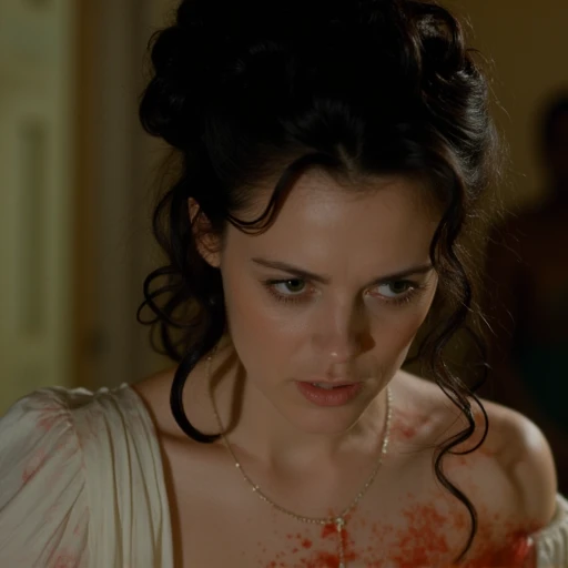 A woman with her elegant updo coming undone strands of her long black hair hang loosely in disarray, she's standing in a ballroom wearing a blood stained vintage white ballgown with strategic fabric pickup and draped of the shoulder sleeves, her green eyes are full of terror as she looks down at the red blood on her dress.
