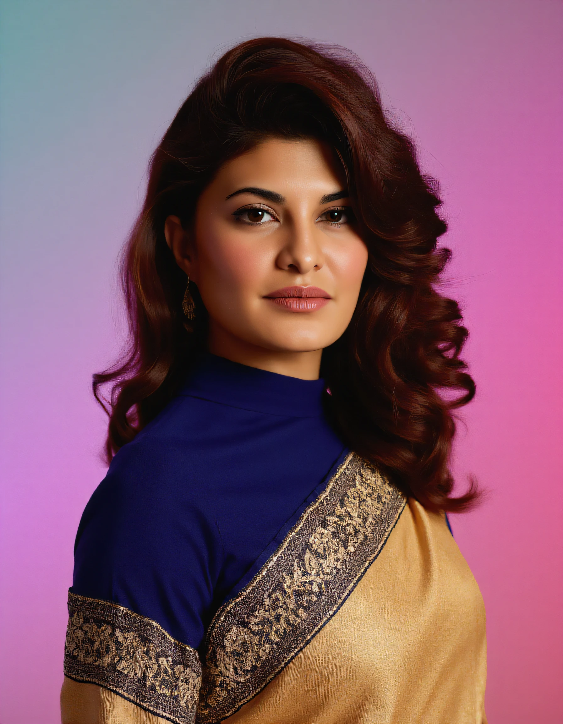 cowboy shot photo of Jacqueline Fernandes woman,hyper realistic candid photo studio quality, wearing intricate conservative turtleneck Navy Banarasi Silk Saree, curls, pastel shaded multicolored background, cinematic lighting <lora:Jacqueline_Fernandes_Flux_Kohya_LoRA_v1-000007:1>âââ
