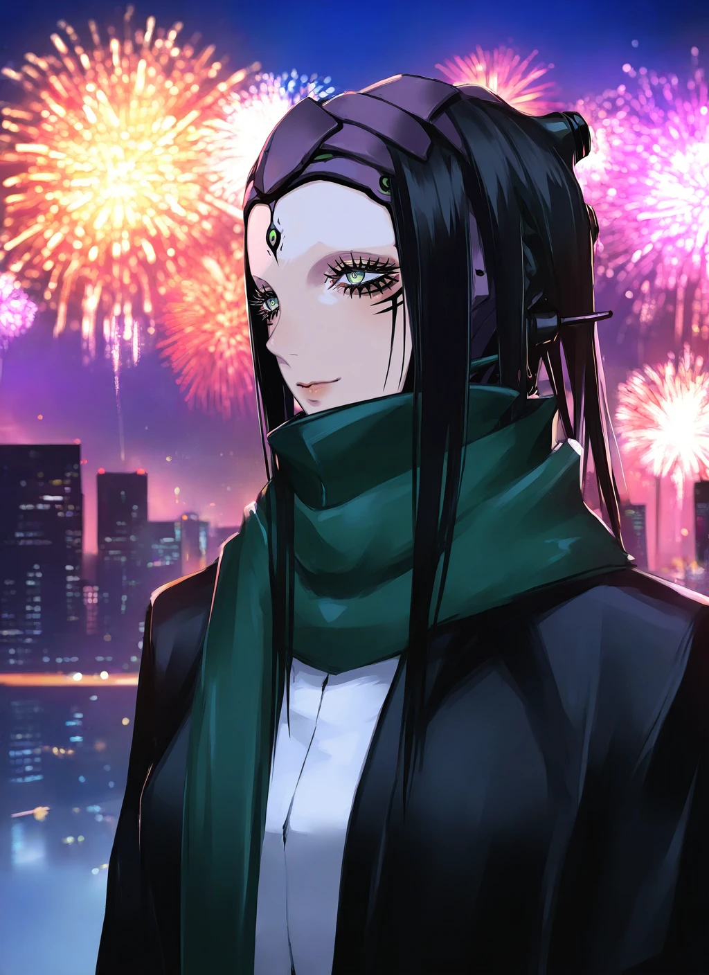 artist:, masterpiece, best quality, newest, very awa, absurdres, highres, tmnh, 1girl, pcell, gentle smile, black hair, green eyes, white shirt, black jacket, green scarf, winter, city, fireworks, detailed, <lora:Tsutomu_Nihei_Blame_Style_Illustrious:1.0>