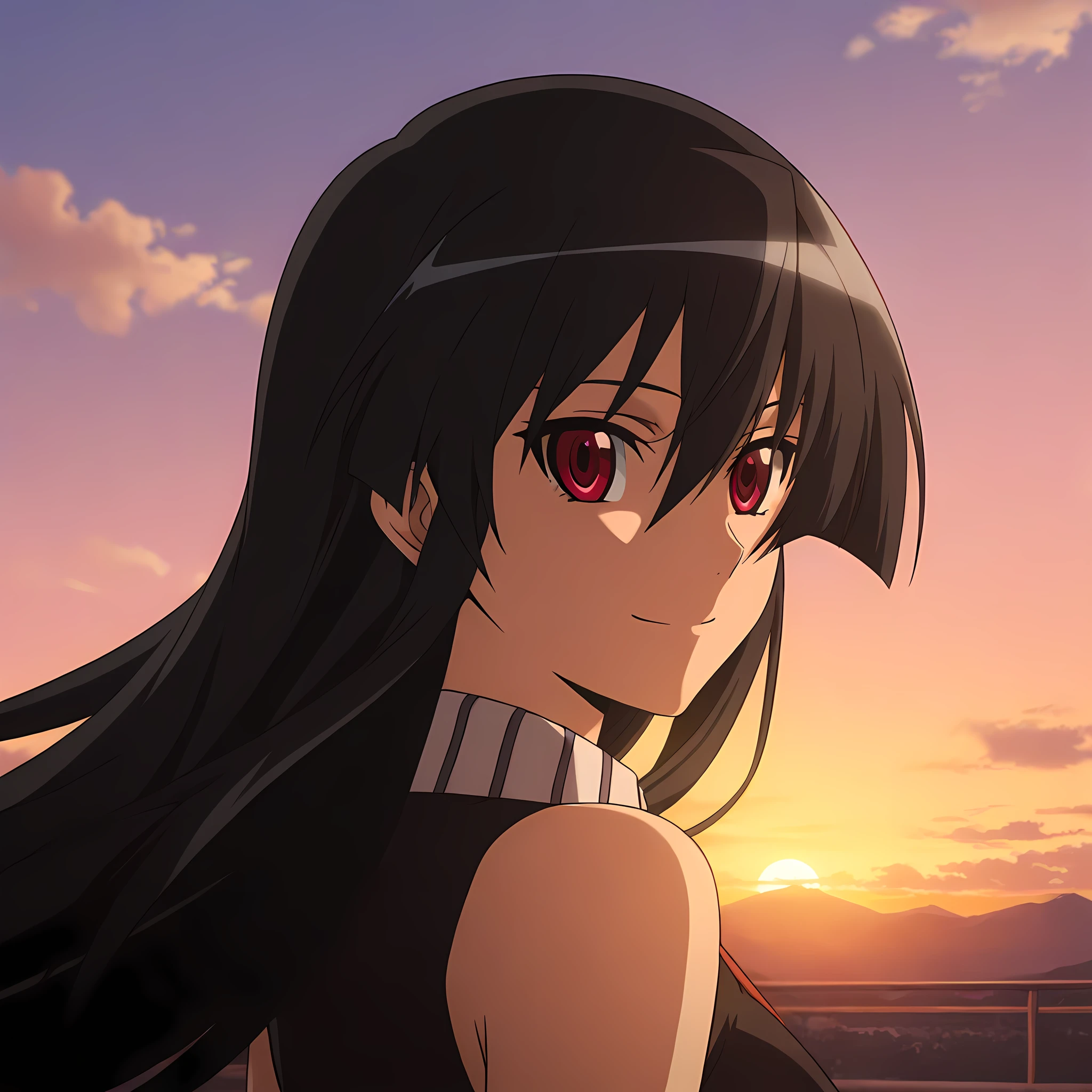 akame-illustxl, 1girl, solo, red eyes, black hair, long hair, smile, anime coloring, sky, cloud, bare shoulders, sunset, upper body,  <lora:Akame-IllustXL:1>, (masterpiece),(best quality),(ultra-detailed),(best illustration),(best shadow),(absurdres),(detailed background),(very aesthetic),