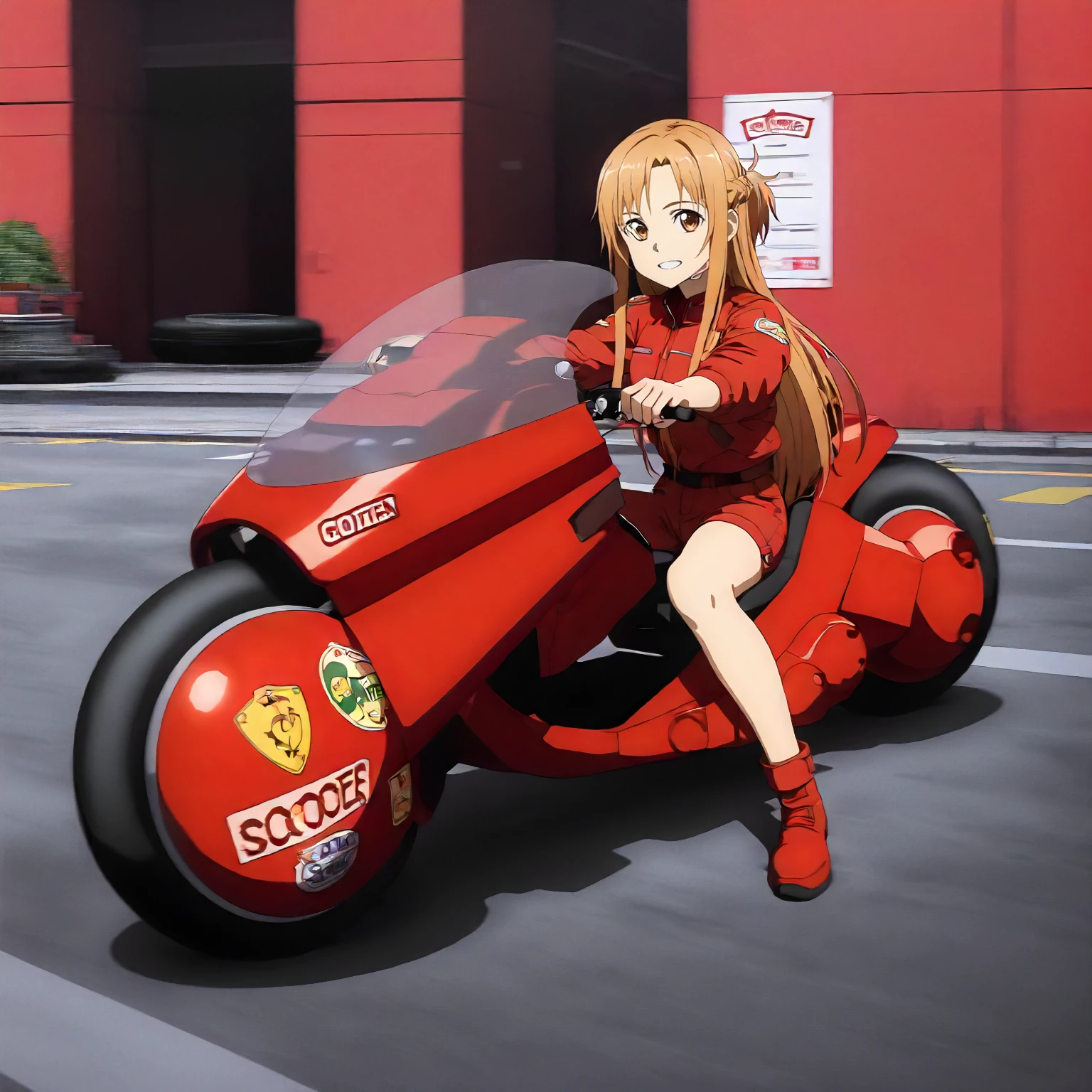 <lora:akira_kaneda_shoutarou's_bikeXLIllustrious002>,
masterpiece,best quality,good quality,newest,
detailed background,outdoors,
looking at viewer,
solo,
anime coloring,
1girl,asuna \(sao\),sword art online,
riding,
kaneda_shoutarou's_bike\(akira\),big scooter,large motorcycle,tire,red motorcycle,emblem,sticker,logo,ground vehicle,