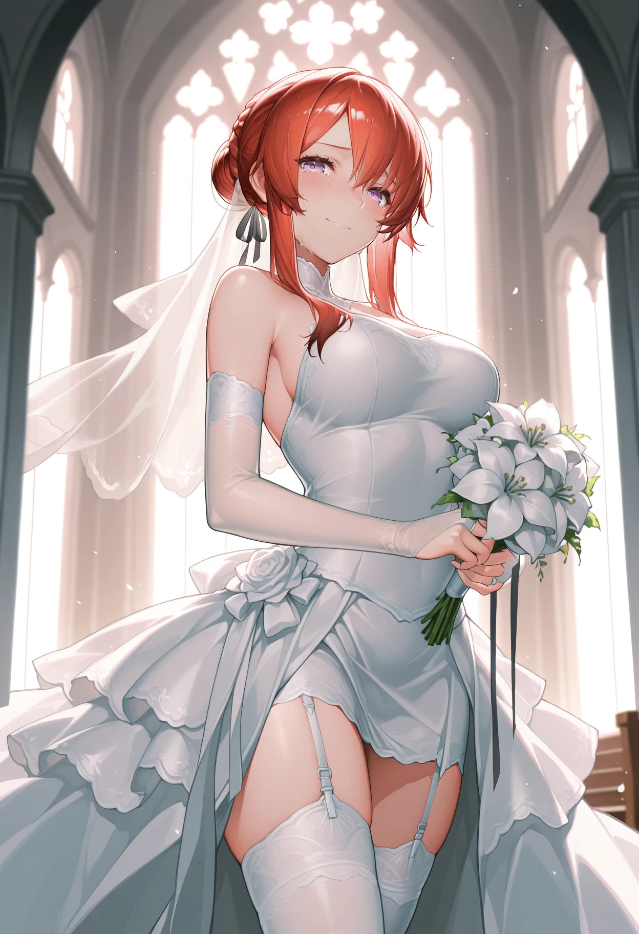 Ultra-fine face, masterpiece, best quality, Smile, Brown long hair,skirt, Ponytail,White Wedding Dress,Open your legs,(Open your legs),Open your legs,Erect nipples,(Straight chest),Show the lower abdomen,(Show the lower abdomen),(Raise your arms),put hands behind the head),Put your hands behind your head,Squat,(Squatting on the ground),(Squatting on the ground),Horse ears,Horse girl ears,Red roses decoration,(White Wedding Dress),Many red roses decoration,White Wedding Dress,White Wedding Dress,White hollow wedding dress,largest breasts, largest breasts, (((largest breasts))),largest breasts ,Show your belly button,Show your belly button,Healthy waist curve,Perfect body,Small waist,Perfect waist muscle lines,complexion,Gasping for air,Sweat珠,Sweat,White suspenders,Lace,((wedding dress)),Elbow-length white silk gloves,Elbow-length white silk gloves,(Thigh muscle details),(White suspenders),((Show your thighs)),((Beautiful thigh line details)),((White zona pellucida)),((White crystal high heels)),((White crystal high heels))