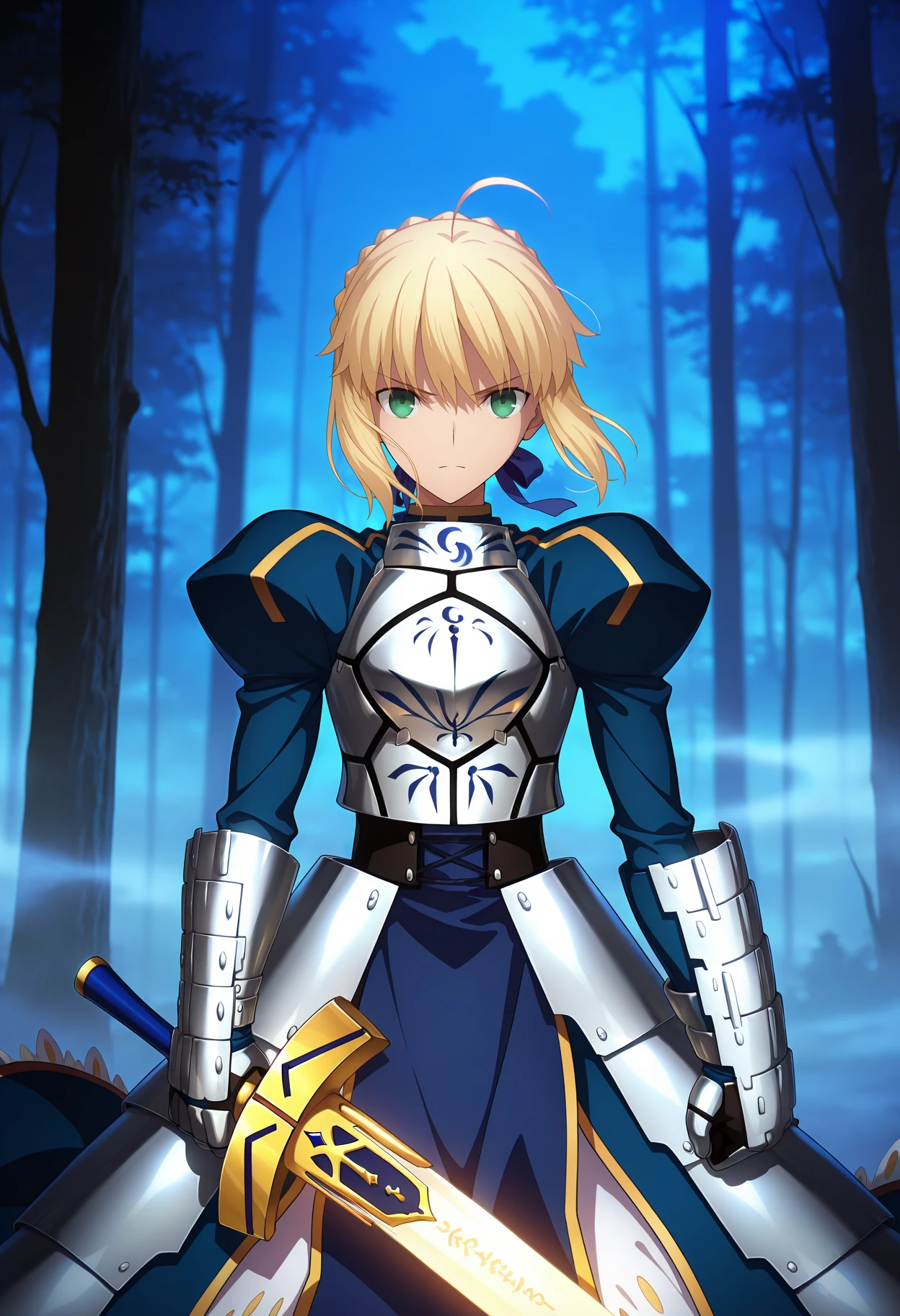 anime screencap, masterpiece, best quality,
<lora:FateStayNightUBW_Saber_IlluXL:0.9>,
1girl, solo, closed mouth, serious,
blonde hair, green eyes, short hair, french braid, ahoge, hair ribbon, blue ribbon,
SaberArmor, breastplate, blue dress, gauntlets, juliet sleeves, faulds,
holding sword, excalibur \(fate/stay night\),
standing, looking at viewer, cowboy shot, legs apart,
outdoors, night, blue theme, fog, forest