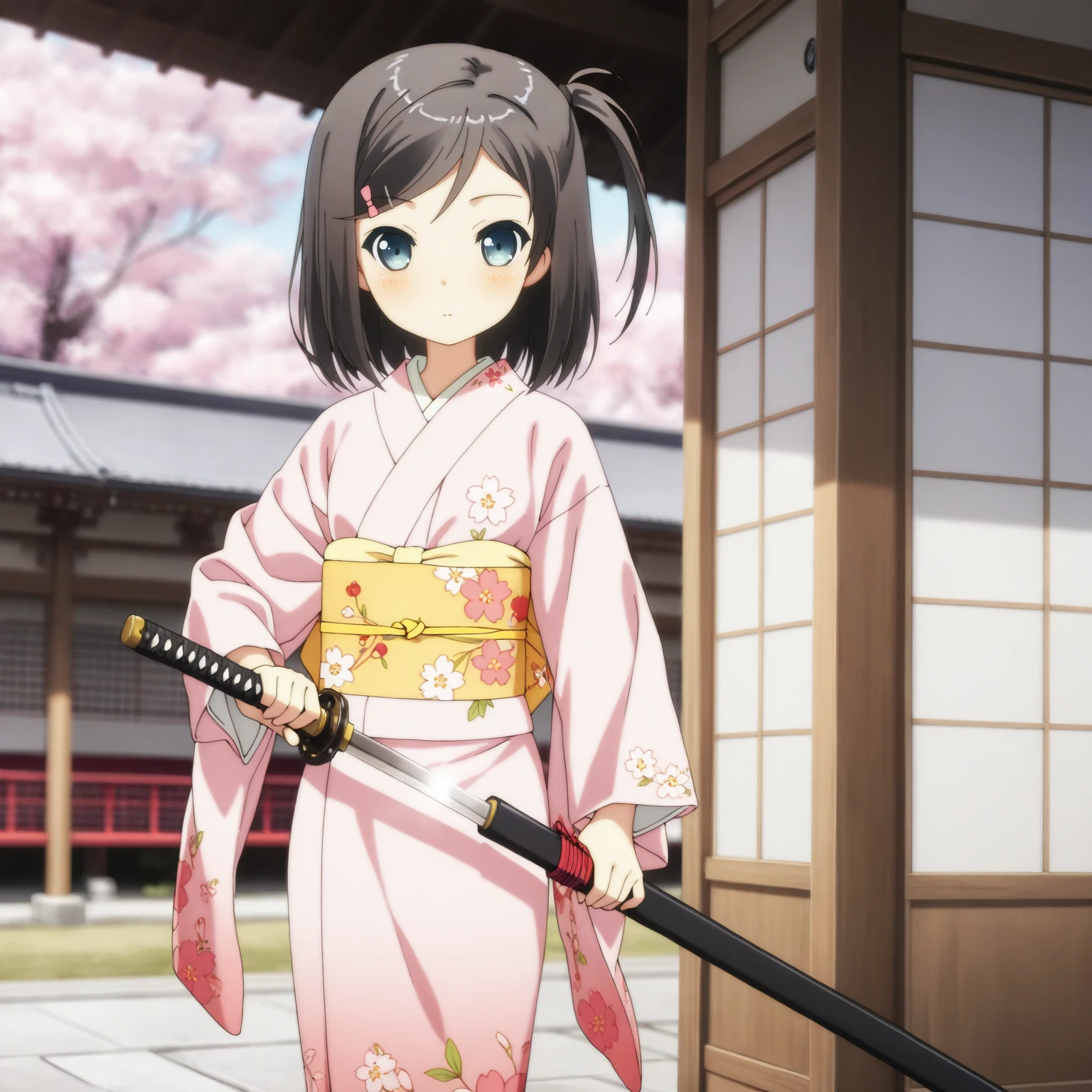 masterpiece, best quality, amazing quality, very aesthetic, absurdres, tsutsukakushi tsukiko, blue eyes, one side up, 1girl, solo, unsheathing, katana, pink kimono, obi, cherry blossoms, floral print, japanese, east asian architecture, blurry background <lora:tsukiko_v1:1>