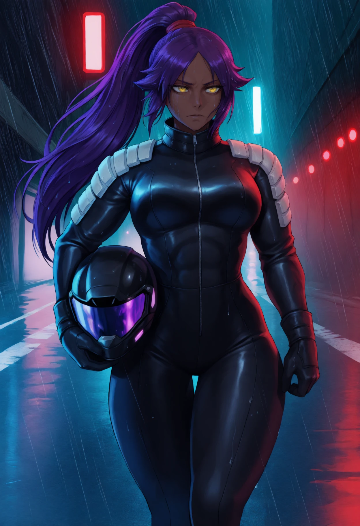 masterpiece, best quality,1girl, toned,
dark-skinned female, dark skin, purple hair, long hair, high ponytail, parted bangs, yellow eyes,
motorcycle suit, black helmet, leather gloves, zipper details, visor up, holding helmet under arm, standing next to neon-lit bike, rain-soaked road, underpass, glowing red lights, mist rising from ground, night setting, dynamic perspective, sci-fi urban feel, gritty texture, 
<lora:Shnyrch_idxl_EliPot:1>