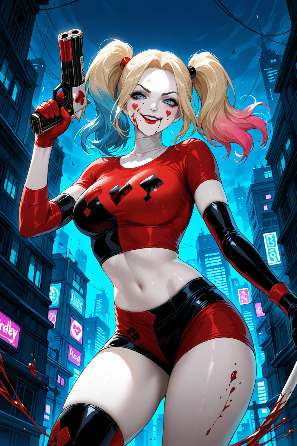 solo, 1girl, <lora:Leirix Illustrious:0.6>, blue eyes, mismatched gloves, cropped shirt, blood on face, evil smile, pale skin, twintails, holding gun, cityscape, shorts, harley quinn, colored tips, blonde hair, large breasts