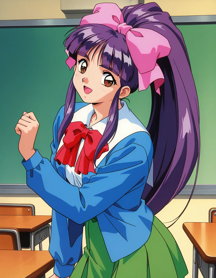 general,highres, ultra-detailed,very aesthetic,best quality ,best hands, BREAK <lora:Midou_Miko_IS:1> Midou_Miko, 1girl,solo, pink bow, purple hair, long hair,hair ribbon, brown eyes, ponytail, bangs, 1990s (style), anime coloring,
bow, light green skirt, white shirt, dark blue jacket, smile,looking at viewer, cowboy_Shot,
school uniform, smile, 1990s (style), open mouth, long sleeves, red bow,
class room,