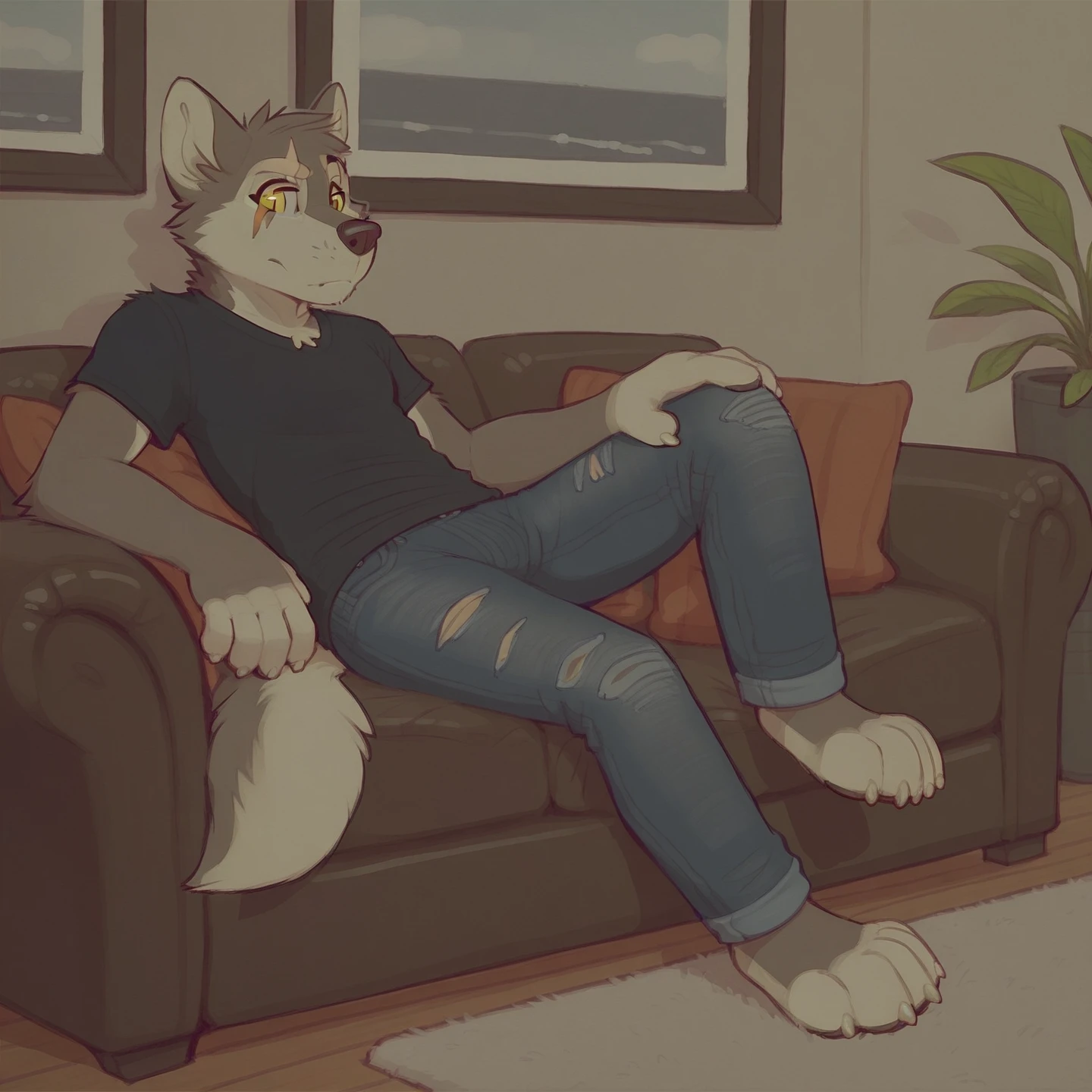 4 toes, 5 fingers, adult male, anthro, fur, leaning back, blue jeans, black shirt, scar, solo, yellow eyes, by oldski, complex background, living room, leather recliner, wolf, score_8 <lora:Skidoo_v2_tPony6.5+35:0.8>