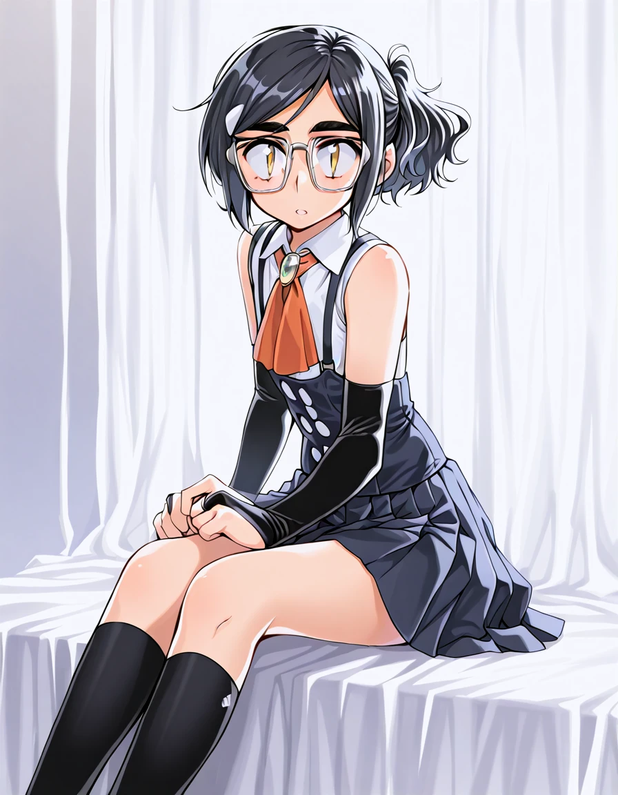 <lora:IrisStea_illust_v10:0.8> 1girl, solo, iris-nms, glasses, hair up, suspenders, sleeveless shirt, ascot, bridal gauntlets, kneehighs, white ornament
masterpiece, best quality, absurdres, , looking at viewer, parted lips, sitting