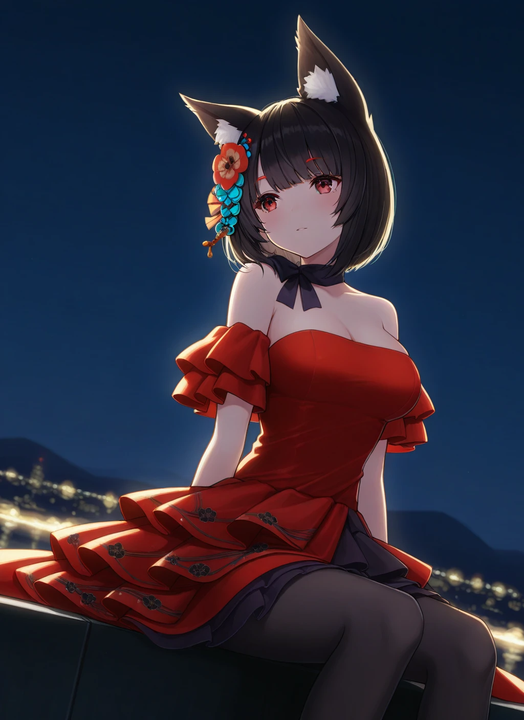 <lora:yamashiro_IL_v1.0:1>,yamashiro_(dressy_black_cat)_(azur_lane),red dress,night,moonlight,backlighting,cinematic_angle,sitting,, masterpiece,best quality,