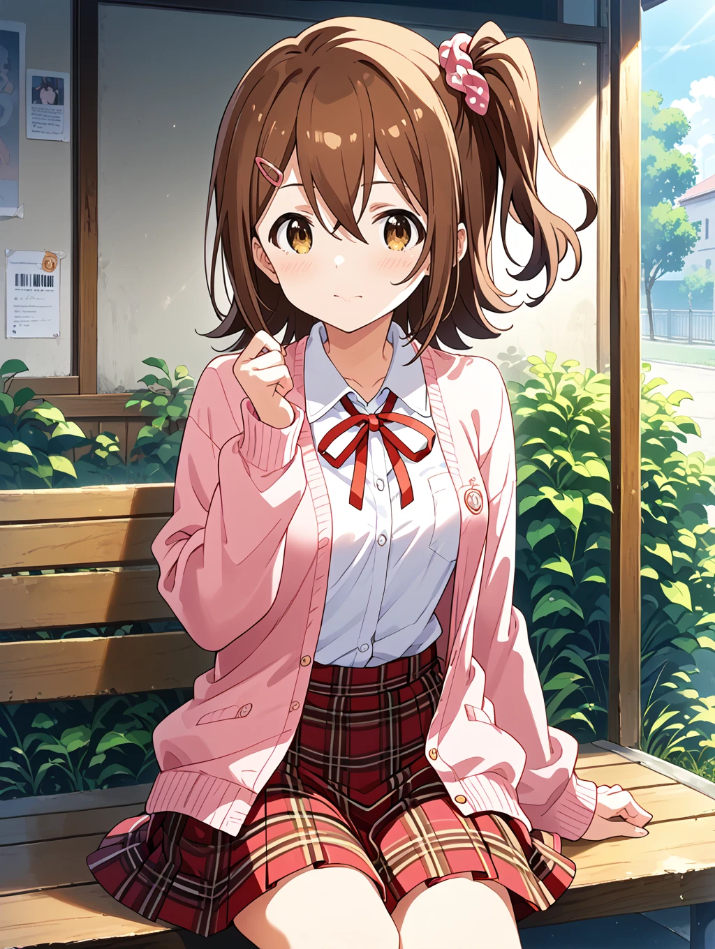 Anime girl sitting on a bench in a school uniform - SeaArt AI