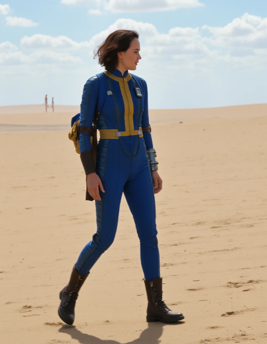 A brunette  ginger woman wearing a blue and yellow vault suit. The colors are vibrant. She is standing on the edge of a desert. <lora:VaultSuit:1>  <lora:daisy_ridley_flux_lora_v1:1> Daisy Ridley.