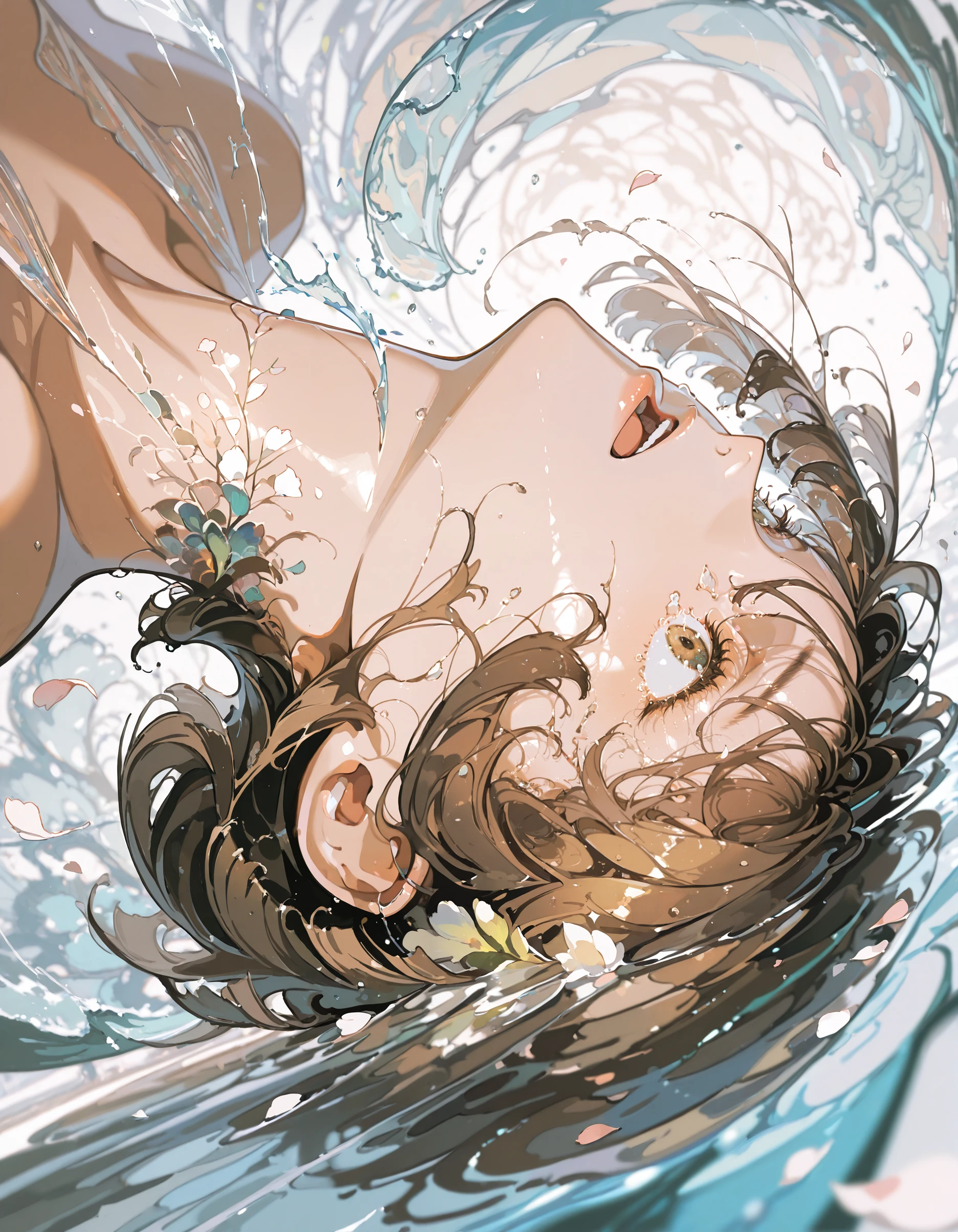 masterpiece, best quality, very aesthetic,abstract, 1girl, digital art, abstract shapes, surreal, dynamic composition,1girl, solo, petals, blurry, water, brown hair, lying, parted lips, tears, on back, short hair, looking up, sideways, open mouth
,highly detailed, hyper-realistic, 8k, dynamic angle, illustration, intricate details,masterpiece, very aesthetic, absurdres, <lora:Yoneyama_Mai_illu:1>