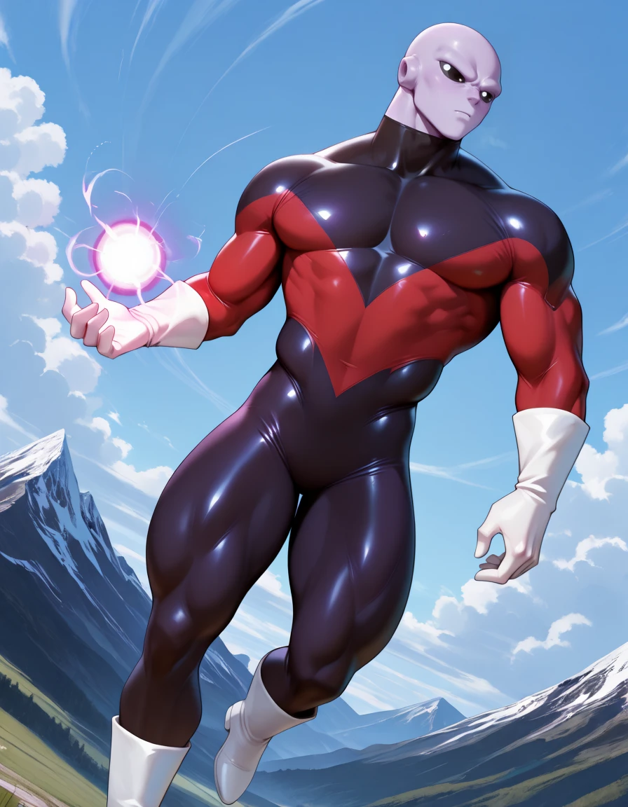 masterpiece, best quality, amazing quality, <lora:Jiren:0.9>, JirenIL, 1boy, bald, male focus, black eyes, black sclera, muscular, colored skin, purple skin, bodysuit, boots, white gloves, white footwear, thick thighs, outdoors, sky, day, cloud, mountain, dynamic angle, holding energy ball