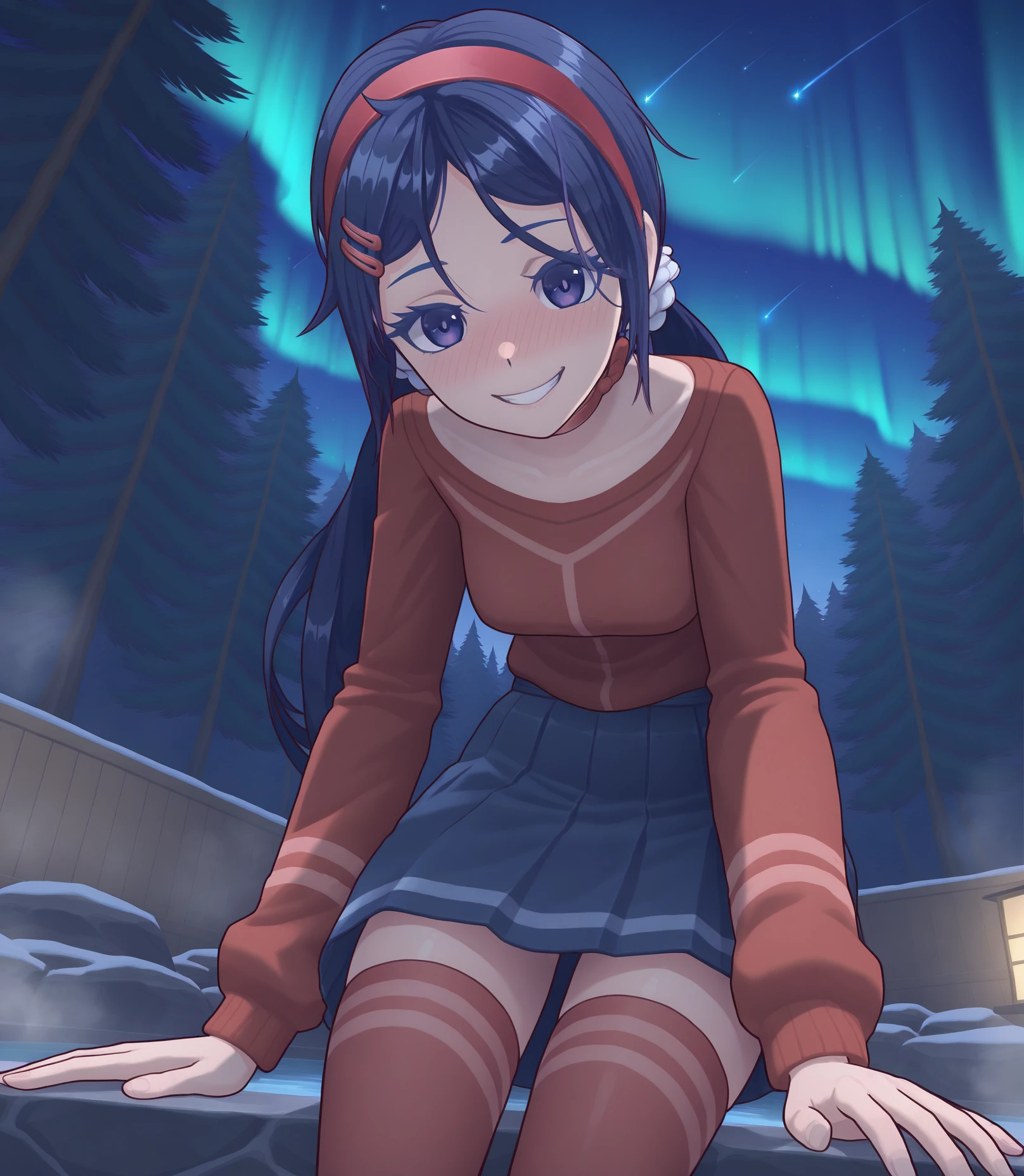 highres, hi res, best quality, masterpiece, 2d, intricate details, 4k, anime coloring, shadow, uncensored,
1girl, solo, female, eyelashes, nose, nose blush, grin, evil grin, yandere, long hair, bangs, blue eyes, hair ornament, twintails, blue hair, purple eyes, hairband, hairclip, parted bangs, red hairband, choker, 
skirt, shirt, thighhighs, long sleeves, pleated skirt, blue skirt, zettai ryouiki, red shirt, blue footwear, red thighhighs, sweater,
cowboy shot, looking at viewer, sitting, from below, leaning forward, 
depth of field, outdoors, twilight, night, darkness, in darkness, in shadows, night, at night, in shadows, forest, in forest, trees, shadows of trees, sky, night, night sky, northern lights, aurora, stars, shooting stars, shooting star, hot spring, onsen, no humans, scenery, steam, fog, lots smoke, lots steam,<lora:Mita_ILXL:1>