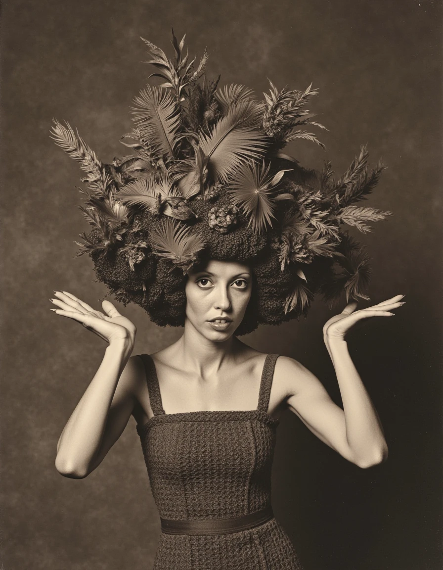 young woman posing for a funny portrait wearing a giant ridiculous hat with feathers and leaves and birds  <lora:shelley-duvall-flux:1>