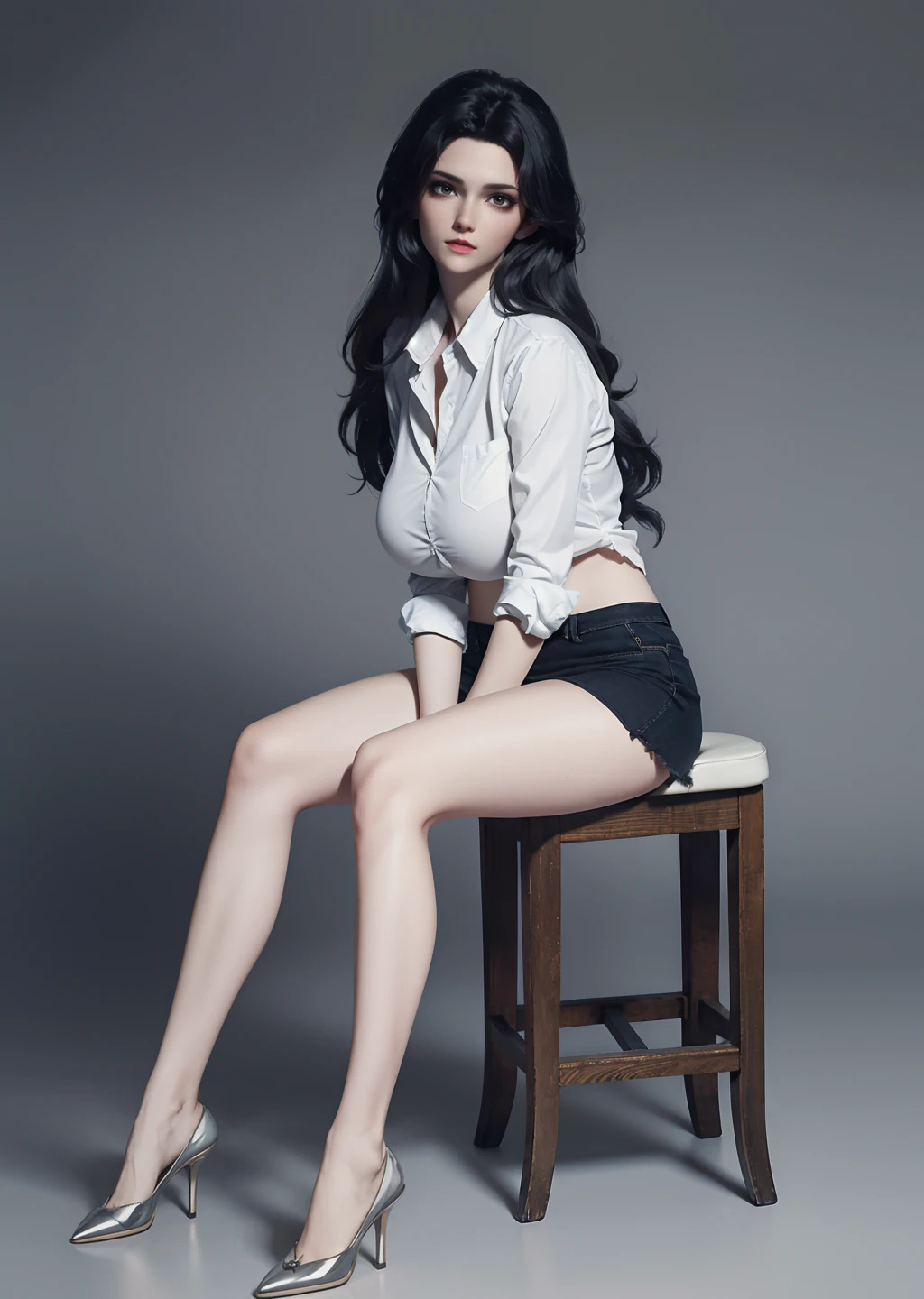 xuanyi,1girl,solo,(gigantic breasts),high heels,white shirt,mini skirt,sitting on stool,(looking at viewer),indoors,(grey background),depth of field,Highly detailed,(ultra-detailed),(best quality:1.5,masterpiece:1.5),<lora:xuanyi-000010:0.8>,