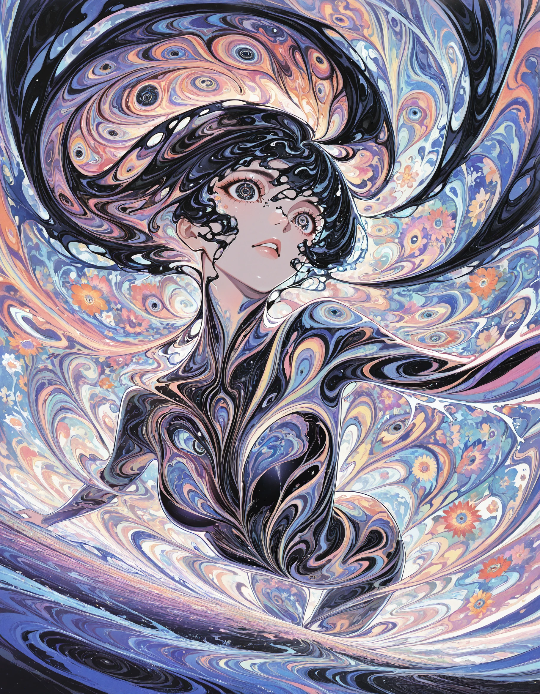 masterpiece, best quality, very aesthetic, digital art, surreal, dynamic composition,1girl, psychedelic art,ink_hair,liquid_hair, vibrant colors,black hair, surreal landscape, large eyes, flowing hair, intricate details, colorful flowers, bold contrasts, fantasy elements, mesmerizing gaze, otherworldly scenery, mystical aura,
,highly detailed, hyper-realistic, 8k, dynamic angle, illustration, intricate details,masterpiece, very aesthetic, absurdres, <lora:Yoneyama_Mai_illu:1>