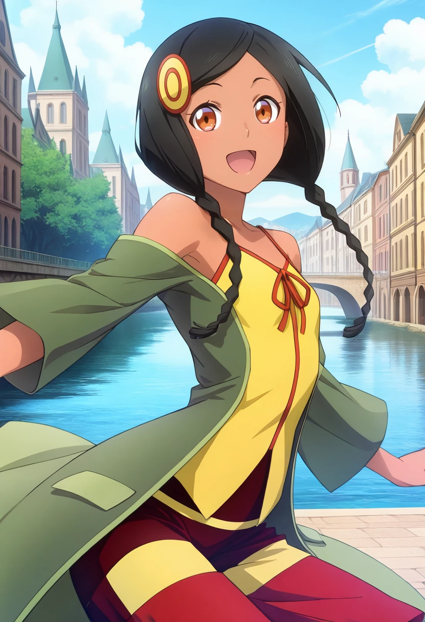 masterpiece, best quality, anime screen, 1girl, solo, <lora:ill_sazanka:1>, evol_sazanka, cowboy shot, upper body, green coat, yellow camisole, bare shoulders, detached sleeves, capri pants, dark-skinned female, black hair, parted bangs, twin braids, hair ornament, brown eyes, looking at viewer, smile, open mouth, Switzerland city, river, at noon