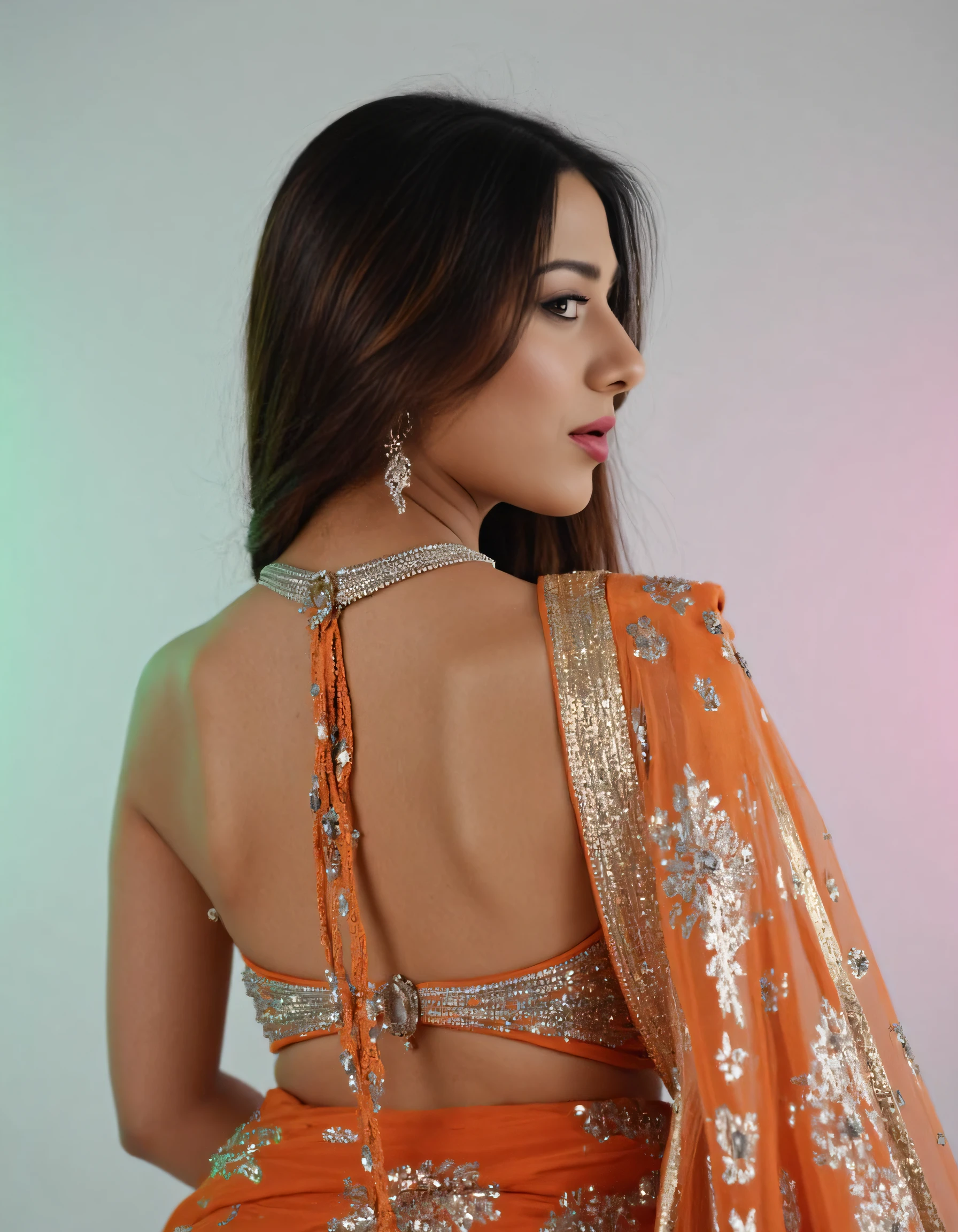 from behind photo of Amrita Rao woman,hyper realistic candid photo serious,studio quality, wearing intricate conservative turtleneck Jade Bomkai Saree (Odisha traditional saree), straight hair, pastel shaded multicolored background, cinematic lighting <lora:Amrita_Rao_Flux_Kohya_LoRA_v1:1>âââ