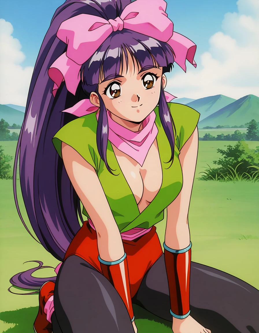 general,highres, ultra-detailed,very aesthetic,best quality ,best hands, BREAK <lora:Midou_Miko_IS:1> Midou_Miko, 1girl,solo, pink bow, purple hair, long hair,hair ribbon, brown eyes, ponytail, bangs, 1990s (style), anime coloring,
ninja, cleavage, pantyhose, 1boy, , black hair, scarf, green leotard, red buruma, smile,
grass, sky,