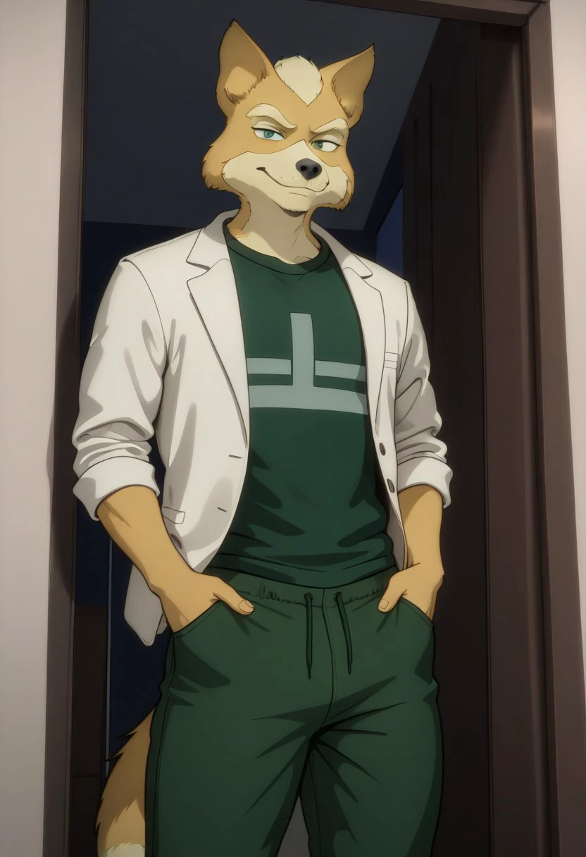 Masterpiece, best quality, high quality, detailed, male, solo male, 1boy, Fox McCloud, anthro, fox, mature male, animal ears, tan yellow fur, thick eyebrows, green eyes, athletic build, wide hips, thick thighs, indoors, looking at viewer, standing, hands in pants pockets, smiling, green shirt, white jacket, green pants, half body