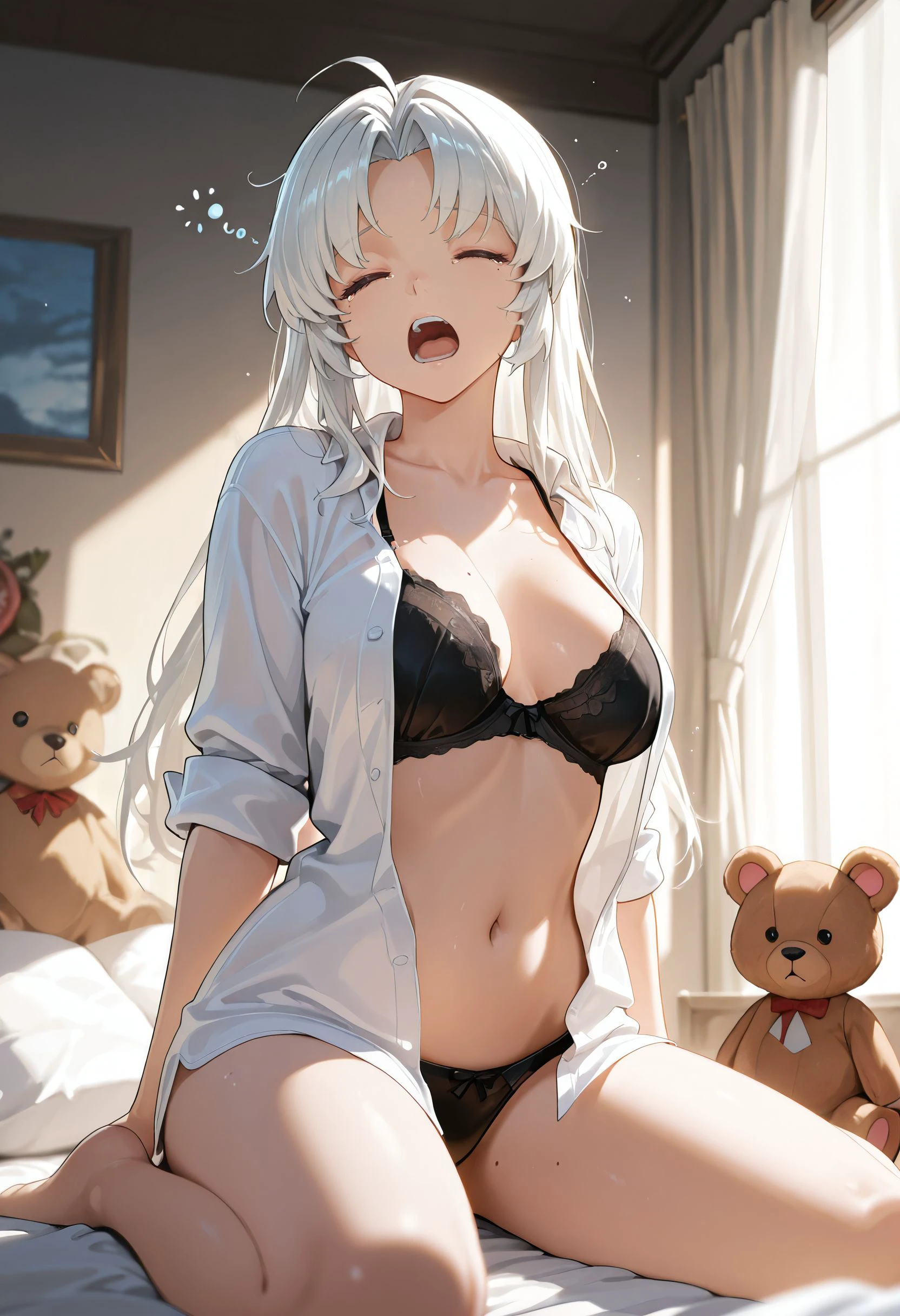 masterpiece,best quality,amazing quality,<lora:carlotta_wuwa_ilxl_goofy:1>carlottaWuwa, ahoge,1girl, backlighting, black bra, blurry, blurry foreground, bra, , closed eyes, collarbone, curtains, facing viewer, long hair, , mole, mole on thigh, mole under ,  shirt, navel, on bed, , open mouth, , parted bangs, pillow, shirt, sitting, sleeves rolled up, solo, squeans, stomach, stuffed animal, stuffed toy, tearing up, teddy bear, , waking up, wariza, white hair, white shirt, window, yawning