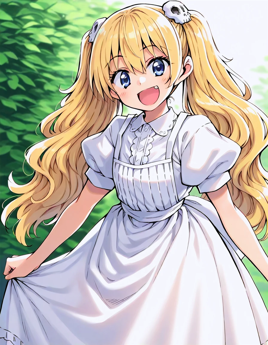 <lora:IrisStea_illust_v10:1> 1girl, solo, stea-nms, twintails, skull hair ornament, white dress, puffy short sleeves,  apron, smile, :d
masterpiece, best quality, absurdres, looking at viewer,