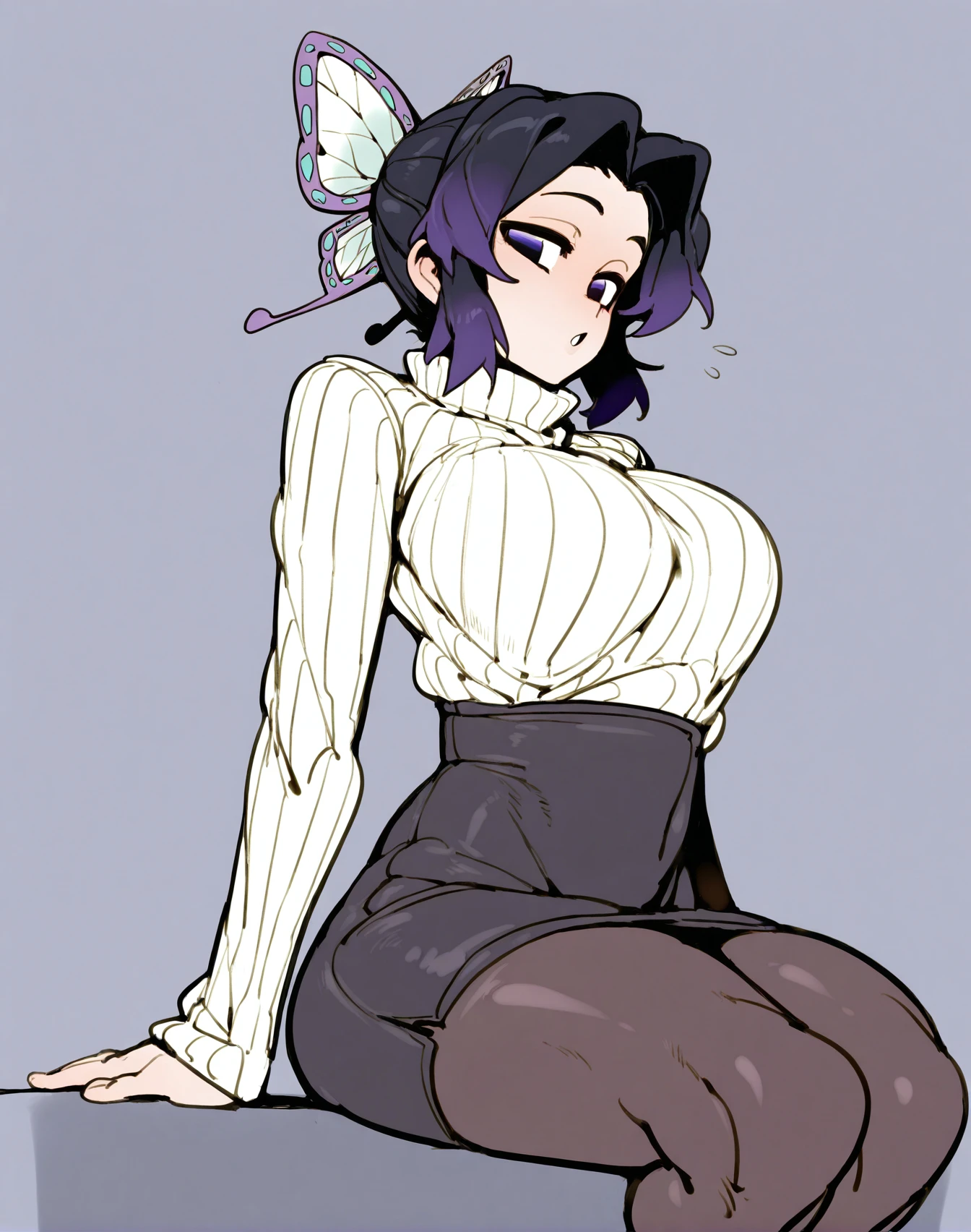 <lora:_doppel_NAIXL:1> art by doppel, artist:doppel, best quality, masterpiece, source_anime, kochou shinobu, 1girl, solo, breasts, looking at viewer, open mouth, short hair, simple background, large breasts, skirt, long sleeves, hair ornament, white background, sitting, purple eyes, purple hair, multicolored hair, sidelocks, pantyhose, parted lips, alternate costume, black skirt, miniskirt, sweater, parted bangs, black pantyhose, gradient hair, turtleneck, arm support, pencil skirt, ribbed sweater, high-waist skirt, turtleneck sweater, contemporary, butterfly hair ornament, office lady