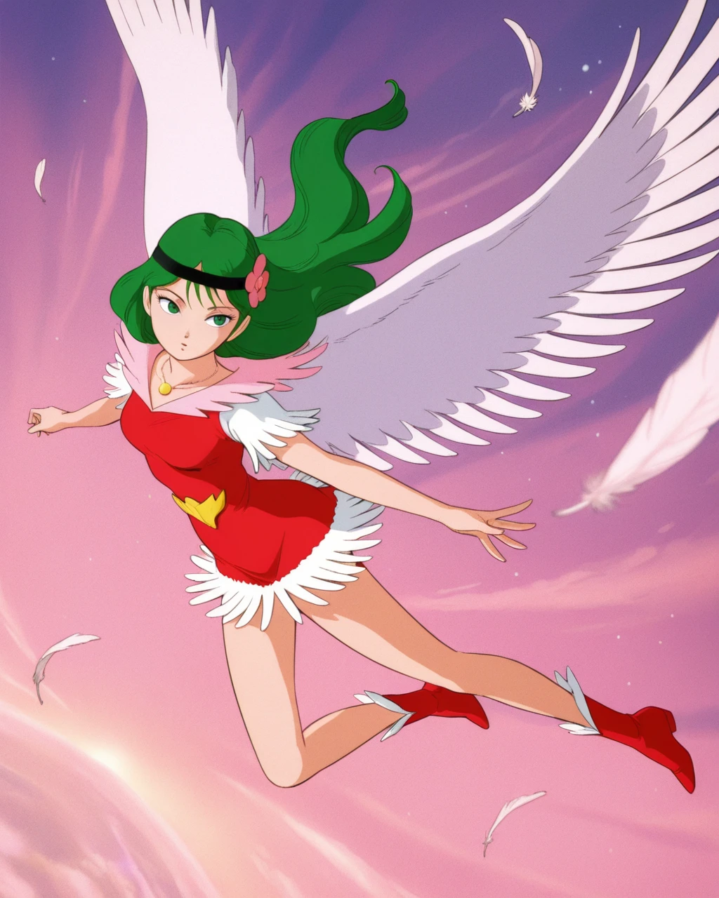 masterpiece, hires,1girl, solo, Nazca, green hair, long hair, green eyes, headband with flower, red dress with pink collar, white fringed shoulders, white fringed hem,  necklace, gold emblem, wings, wings out stretched, flying, red boots <lora:naz_il:1>, official art, view from below