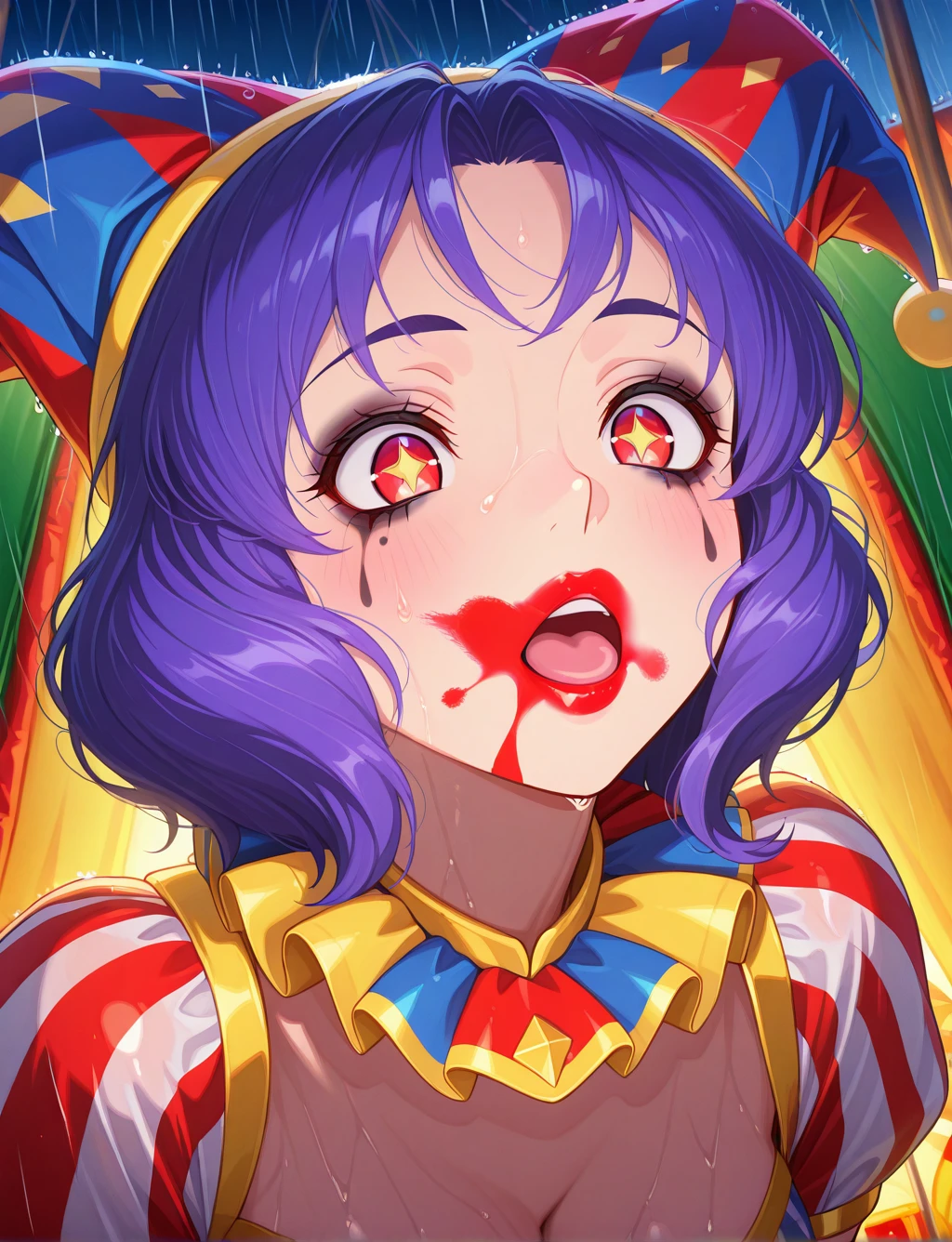 absurdres,high quality,score_9, score_8_up, score_7_up, score_6_up, score_5_up, score_4_up, BREAK source_anime, wearing edgClussy, red clown nose clothing aside,japanese pink haired clown makeup,clown suit,clown custom,pale skin,white_skin,clown color skin, (sticking out her tongue out),((TOROGAO)), (tongue), ultra high res, photorealistic, best quality, 8k resolution, masterpiece, ((close up face view)), (TOROGAO), kneeling, oh face, Open your mouth wide, Stick out your tongue to receive, One hand in your mouth,horny, lascivious eyes, Ecstasy, (cum on your face), Face up, Shoot from above, (cum dripping from your mouth), Tongue sticking out, (cum accumulation on the tongue), cum facial,cum on her face,ecstatic look, a large amount of  in the mouth,  on the chest, delicate fingertips, complicated fingertips, nsfw, eyes roll back, eyes up