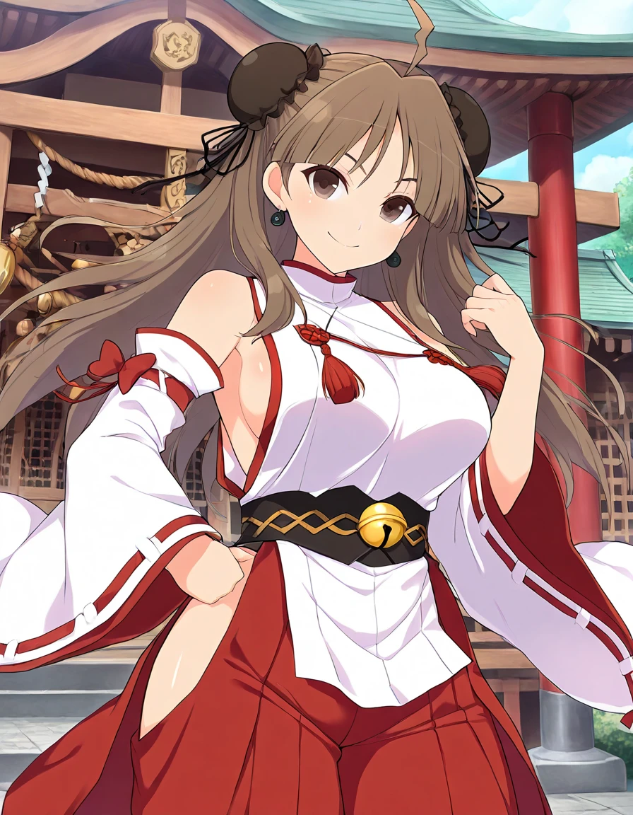 masterpiece,best quality, good quality,
1girl,shrine,
smile
standing,
<lora:ill-kagura-renka:1>kgrrnk,ahoge,large breasts,brown hair, brown eyes, long hair, hair bun, double bun,black bun cover
miko,sideboob,hair bun,  bell, detached sleeves, japanese clothes, wide sleeves, jewelry, hakama, pants