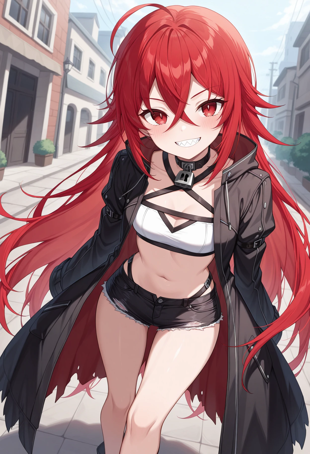 1girl, detailed long red hair, detailed black eyes, almost no clothing