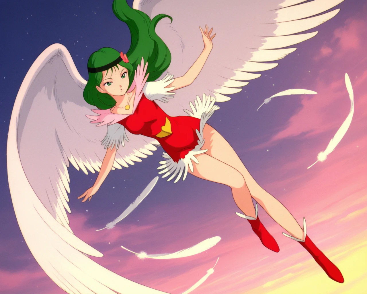 masterpiece, hires,1girl, solo, Nazca, green hair, long hair, green eyes, headband with flower, red dress with pink collar, white fringed shoulders, white fringed hem,  necklace, gold emblem, wings, wings out stretched, flying, red boots <lora:naz_il:1>, official art