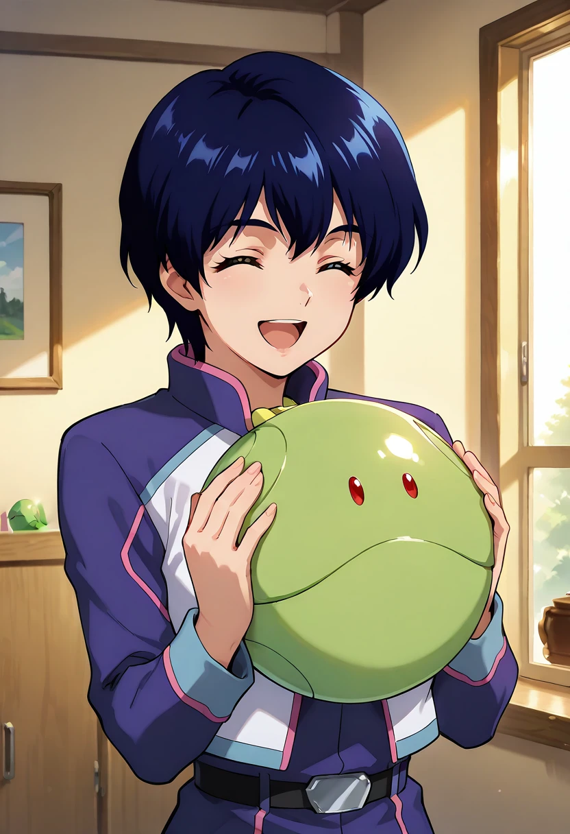 masterpiece, best quality, good quality, 1girl, holding haro, smile, room, claire heathrow, short hair, blue hair, closed eyes, uniform, open mouth