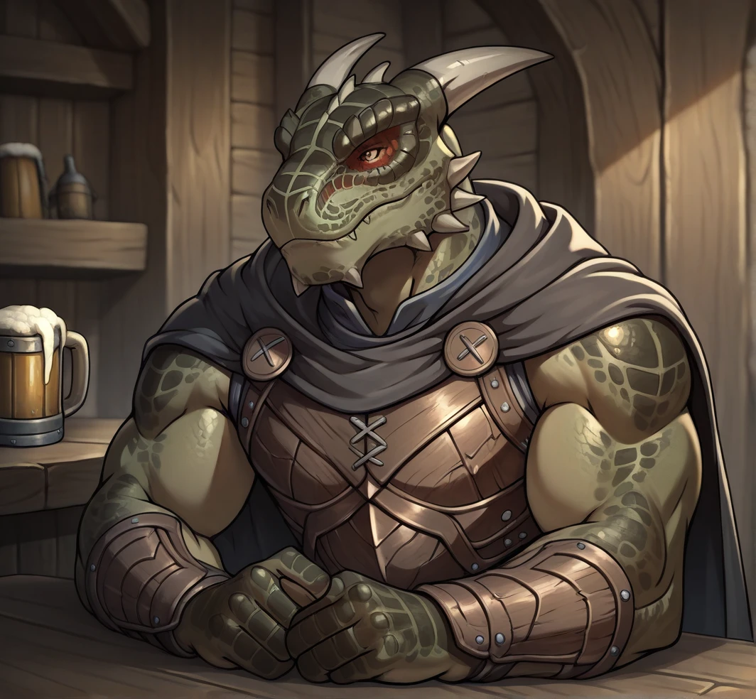 detailed face, detailed body, detailed background, perfect hands, perfect anatomy, masterpiece, high quality, best quality,
sitting at bar, beer stein, tavern, bar, armor, clothes, cape, hood, close up, arg0nian, [argonian], scalie, reptile, scales, horns, jaw spikes, spikes, muscular
<lora:Argonian for Illustrious:0.7>, <lora:Detailer_NoobAI_Incrs_v1:0.3>