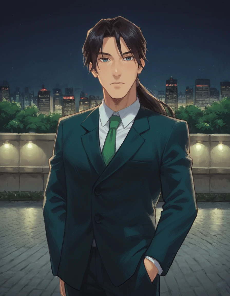 score_9, score_8_up, score_7_up, zPDXL, masterpiece, anime, <lora:sn0wStyle:1> <lora:HKHorrorXL:1> solo, 1boy, necktie, male focus, formal, green necktie, suit,  outdoors, black hair, long sleeves, shirt, ponytail, long hair, keiya tenpouin <lora:Keiya_Tenpouin_Evil_Zone:0.9> night, city