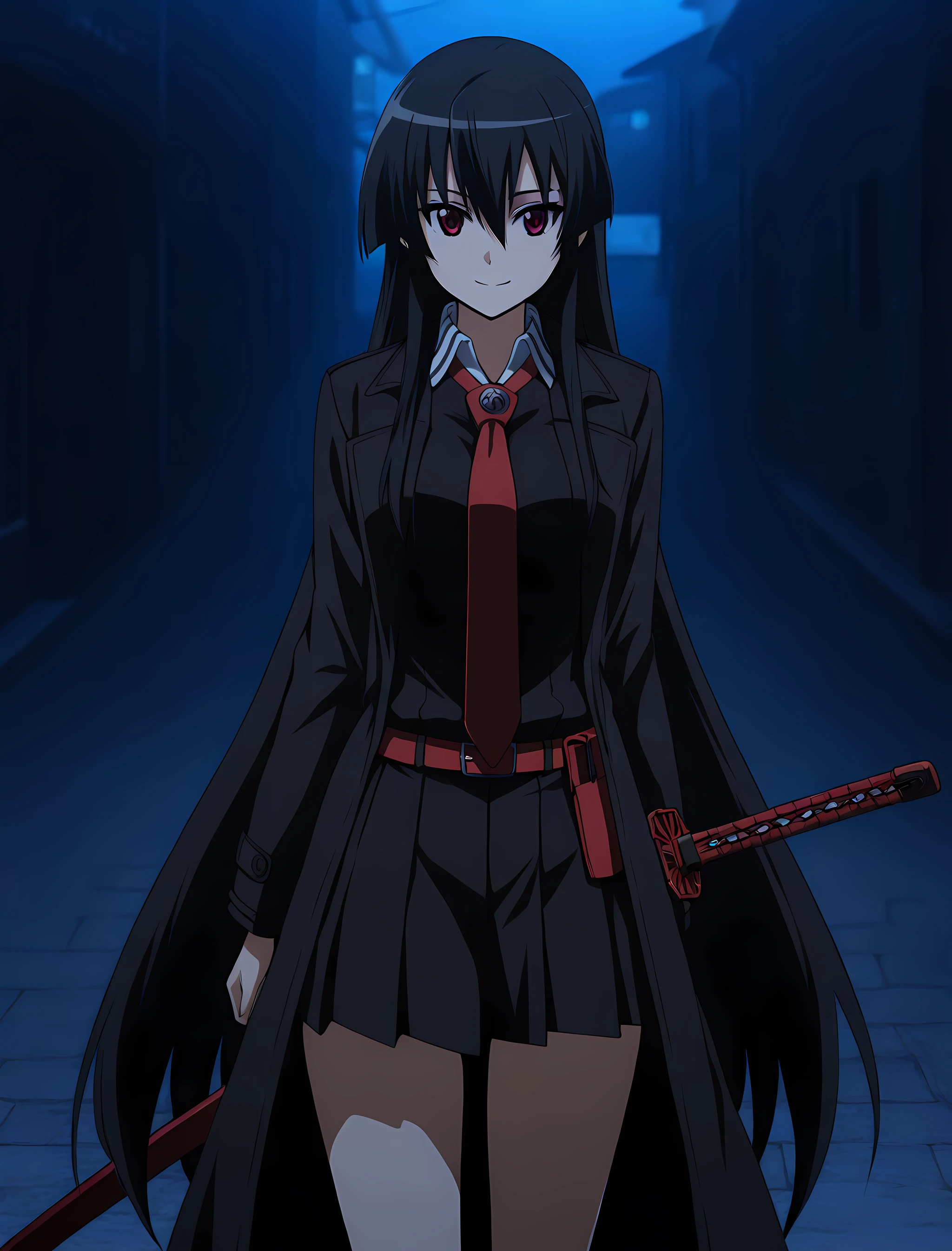 akame-illustxl, 1girl, long hair, solo, black hair, necktie, red eyes, weapon, very long hair, skirt, sword, black coat, night, dark, belt, trench coat, smile, cowboy shot <lora:Akame-IllustXL:1>, (masterpiece),(best quality),(ultra-detailed),(best illustration),(best shadow),(absurdres),(detailed background),(very aesthetic),