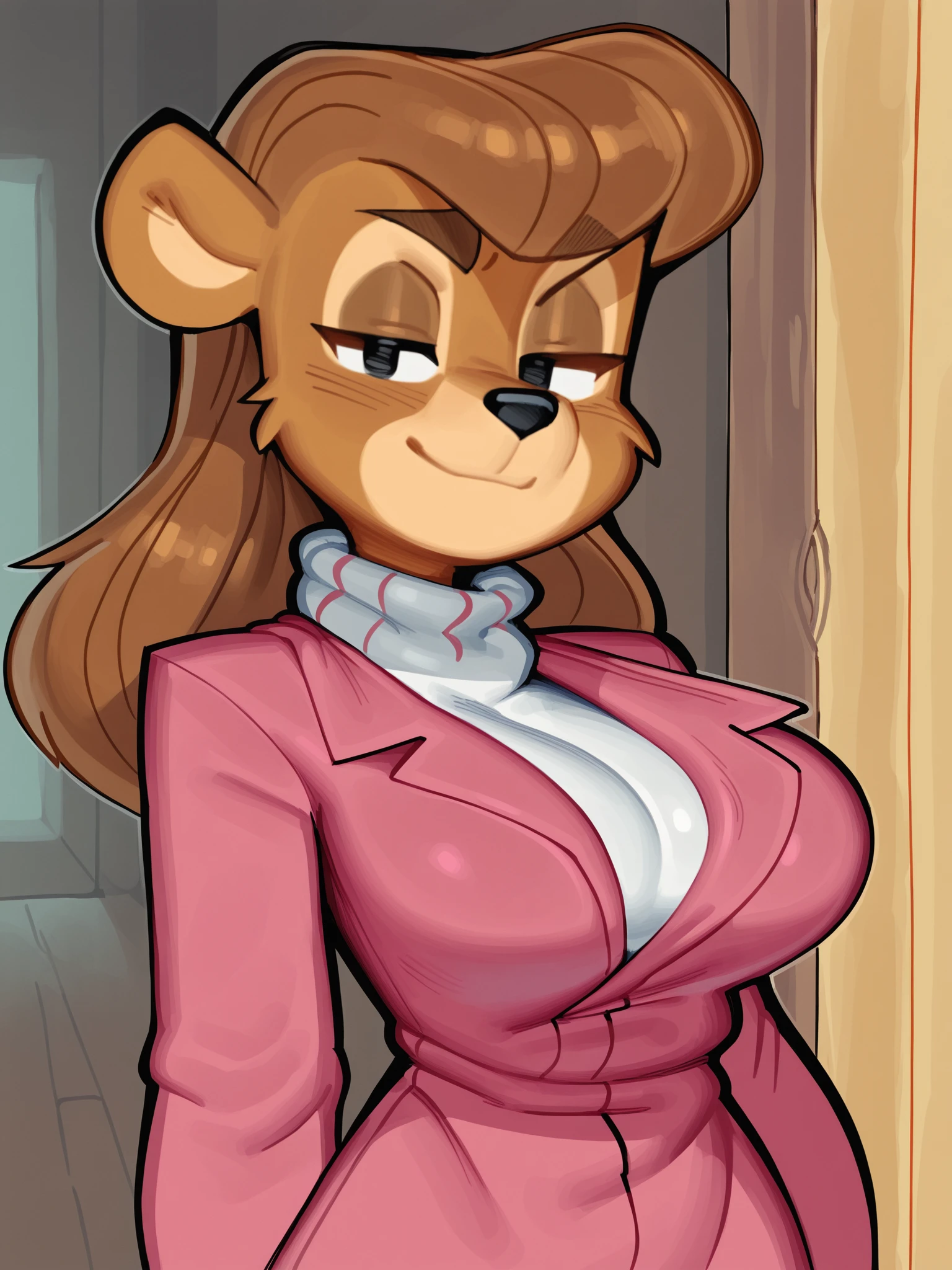 (masterpiece, best quality, very aesthetic, absurdres, artist:wamudraws, shaded, detailed background, shaded), 1girl, solo, female, (talespin, rebecca cunningham:1.4), bear, brown fur, brown hair, round hair, pink jacket, white turtleneck, looking at viewer, smug, big breasts, black eyes, <lora:Wamudraws_Style_Ill:1>