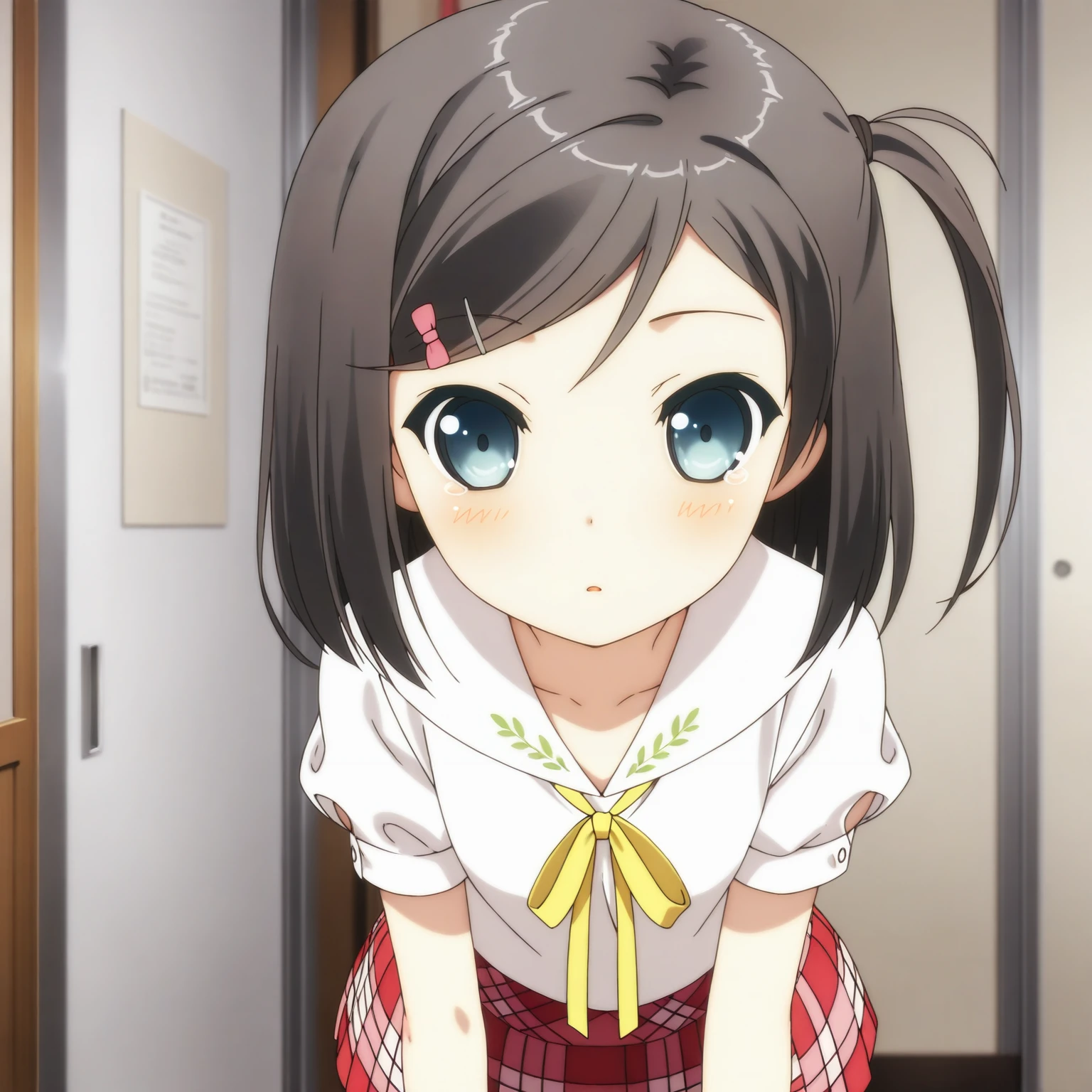 masterpiece, best quality, amazing quality, very aesthetic, absurdres, tsutsukakushi tsukiko, blue eyes, one side up, 1girl, solo, uniform, white shirt, plaid skirt, yellow ribbon <lora:tsukiko_v1:1>