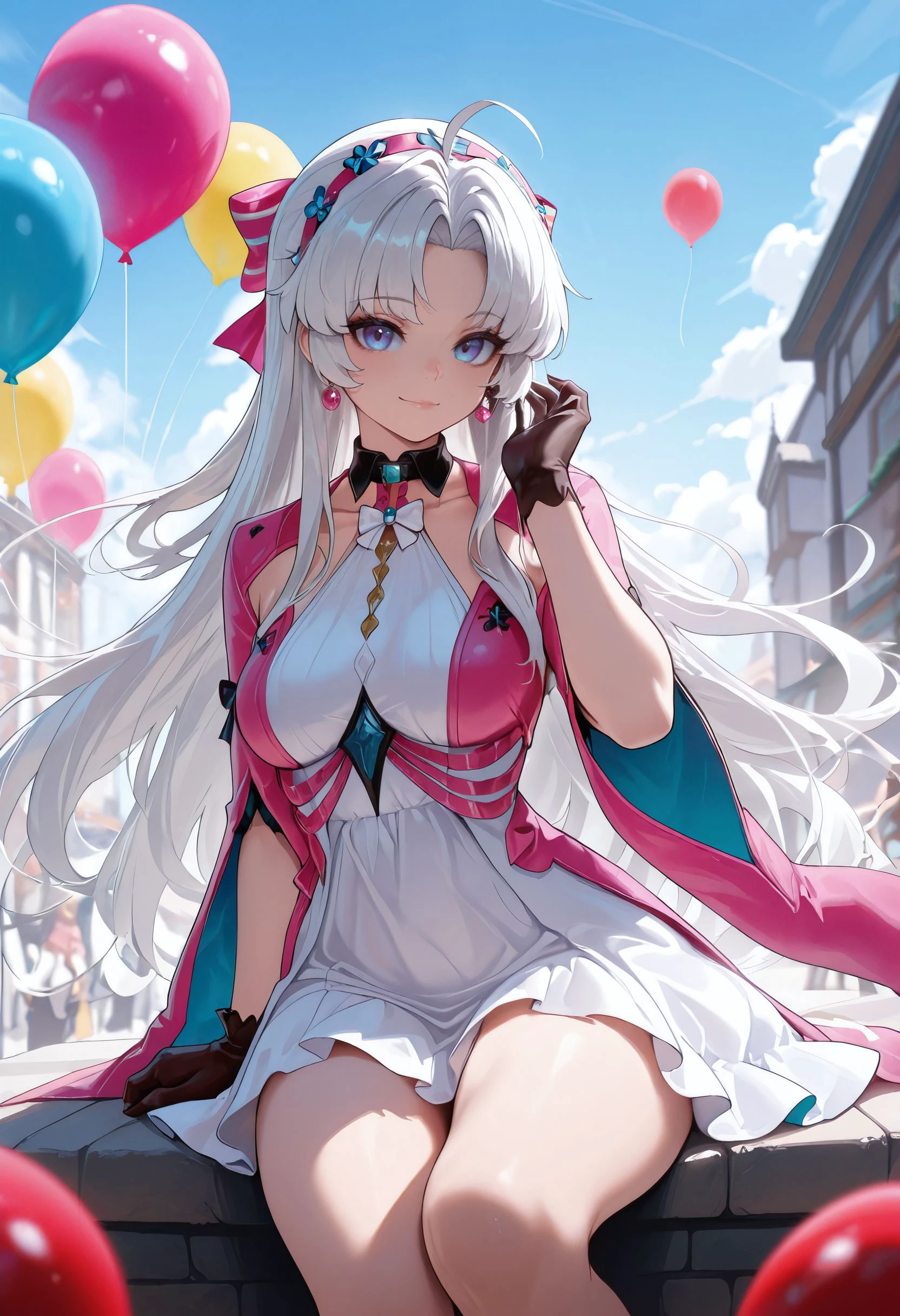 masterpiece,best quality,amazing quality,<lora:carlotta_wuwa_ilxl_goofy:1> carlottaWuwa, 1girl,solo, ahoge, balloon, black collar, black gloves, blue eyes, blue sky, bow, breasts, closed mouth, collar, day, dress, earrings, gloves, hair bow, hair ornament, hand up,hairband, jewelry, long hair, looking at viewer, medium breasts, outdoors, parted bangs, pink bow, pink jacket, purple eyes, sitting, sky, smile, solo focus, striped bow, thighs, very long hair, white dress, white hair, wind