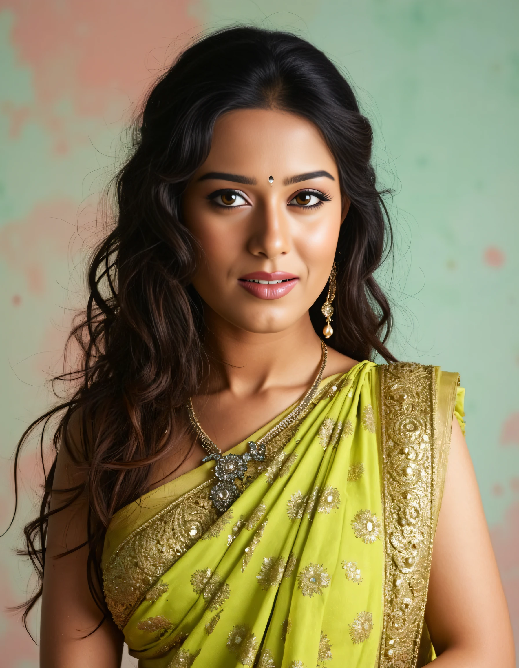 cowboy shot photo of Amrita Rao woman,hyper realistic candid photo serious,studio quality, wearing intricate conservative sleeveless Lime Kanjeevaram Silk Saree, curls, pastel shaded multicolored background, cinematic lighting <lora:Amrita_Rao_Flux_Kohya_LoRA_v1:1>âââ